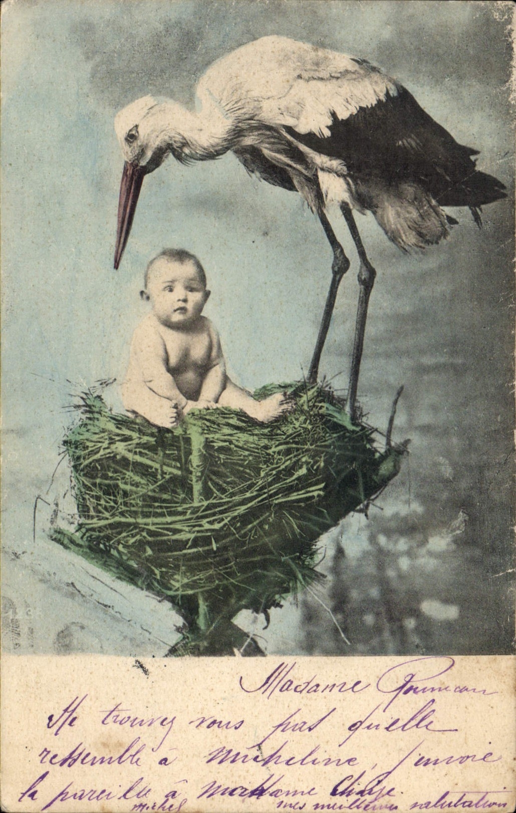VINTAGE POSTCARD Fantasy Baby Child Stork