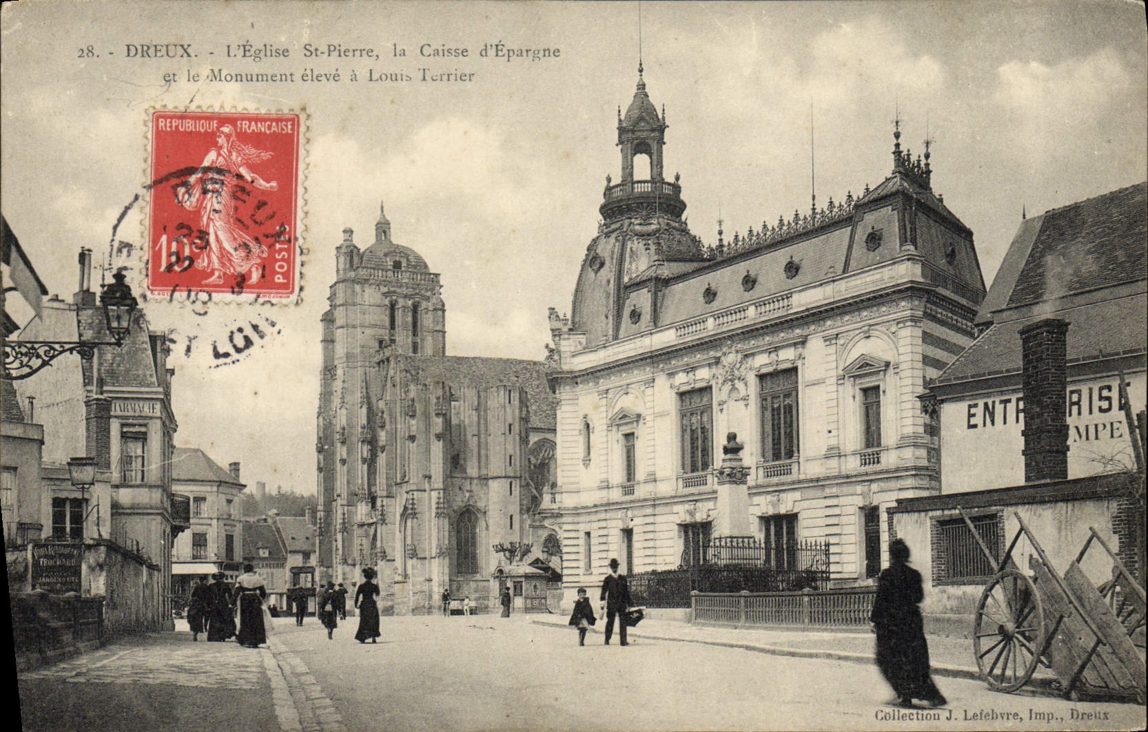 VINTAGE POSTCARD Dreux Bank the church St Pierre the Savings bank and the high monument has Louis Terrier