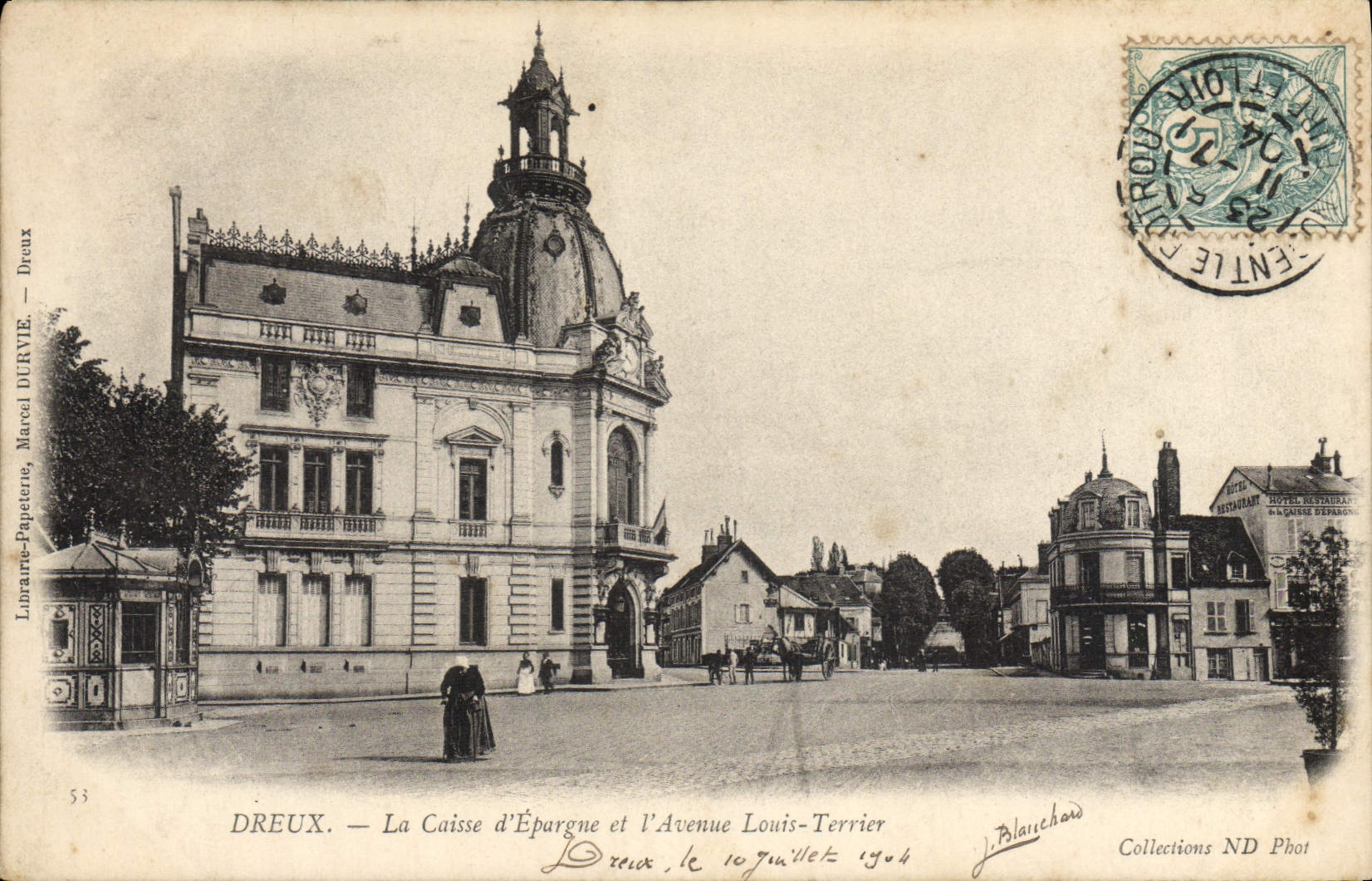 VINTAGE POSTCARD Dreux Bank the Savings bank and the avenue Louis Burrow