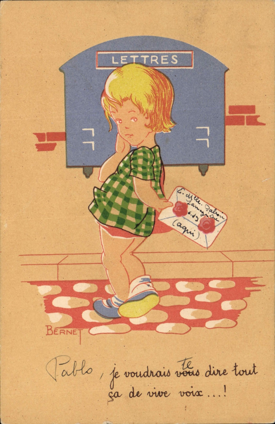 VINTAGE POSTCARD Fantasy Illustrator Child Bernet Letter-box