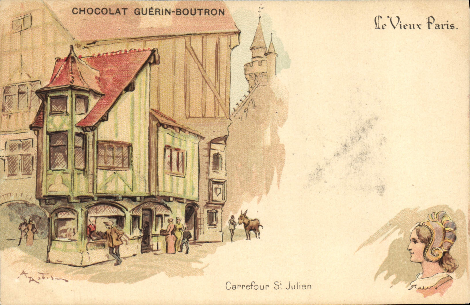 VINTAGE POSTCARD the Old man Paris Chocolate Guerin Boutron Street of Morocco Crossroads St Julien