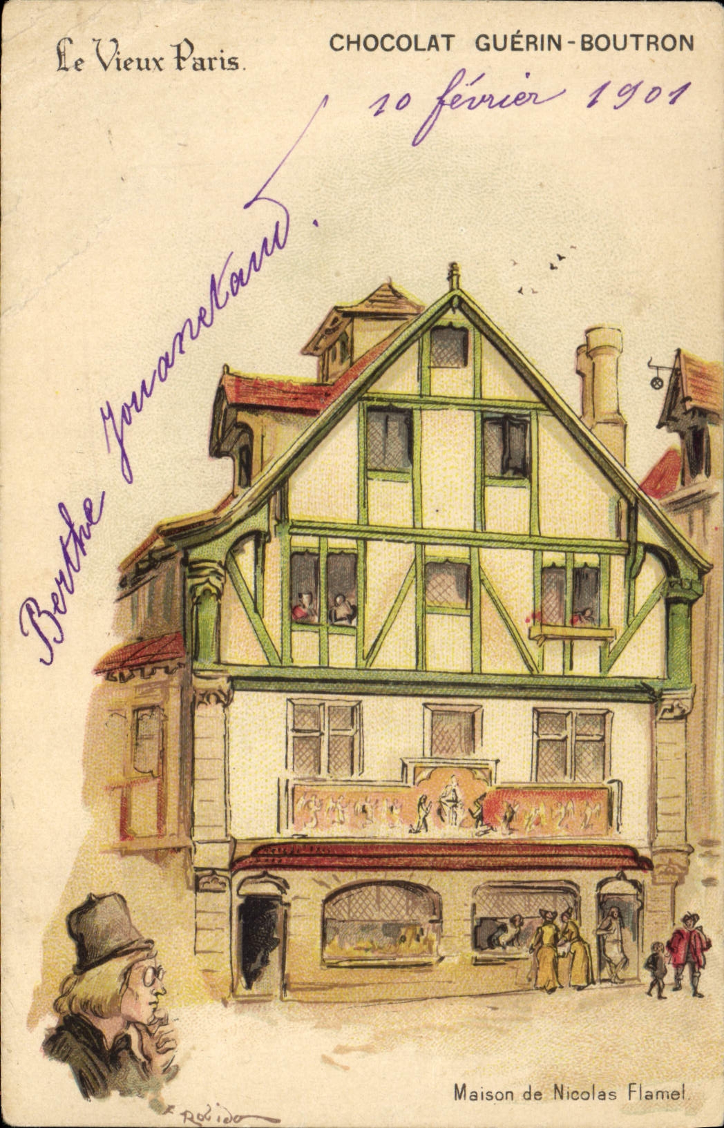VINTAGE POSTCARD the Old man Paris Chocolate Guerin Boutron Street of Morocco House of Nicolas Flamel