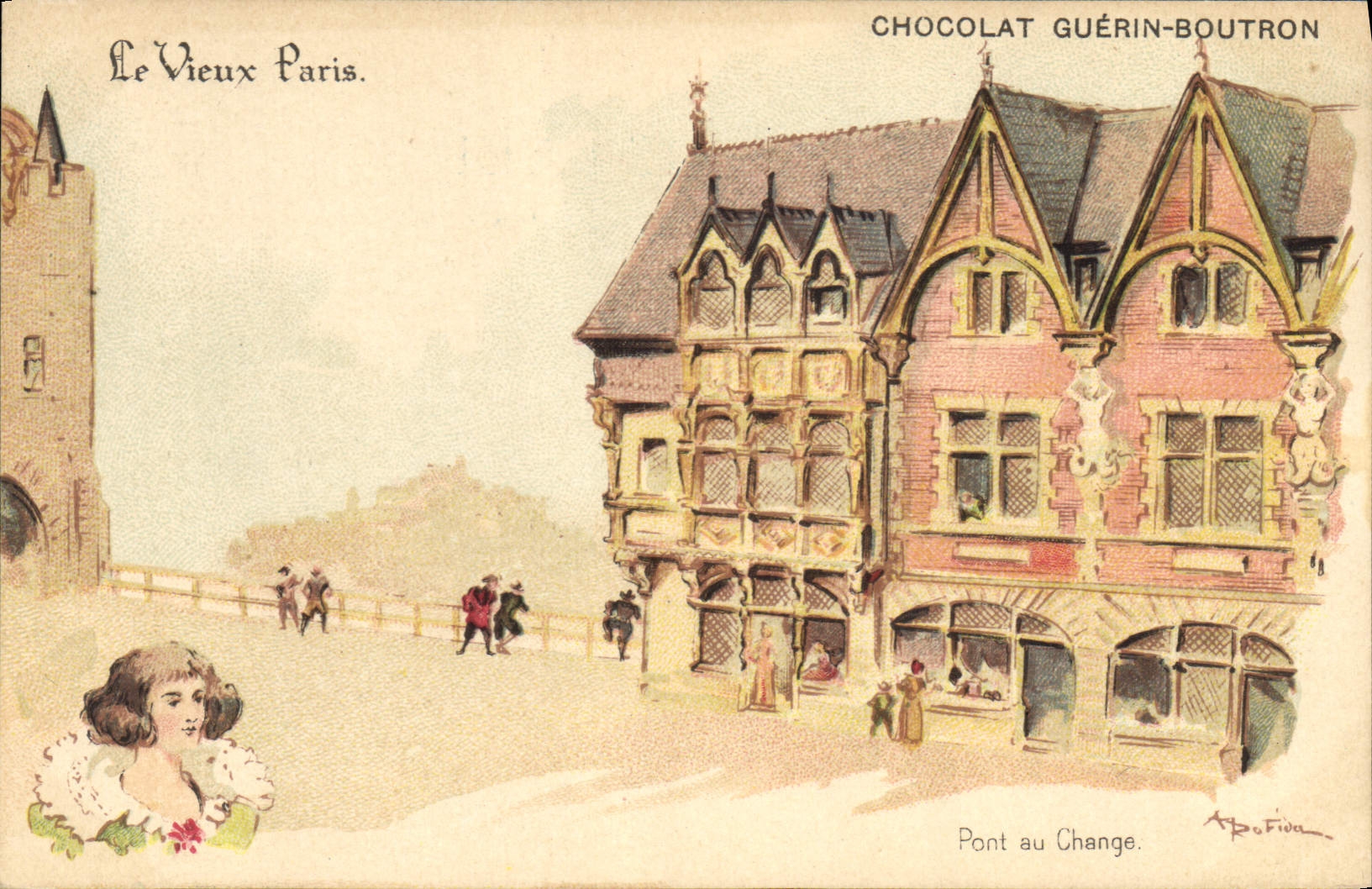 VINTAGE POSTCARD the Old man Paris Chocolate Guerin Boutron Street of Morocco Bridge to the exchange
