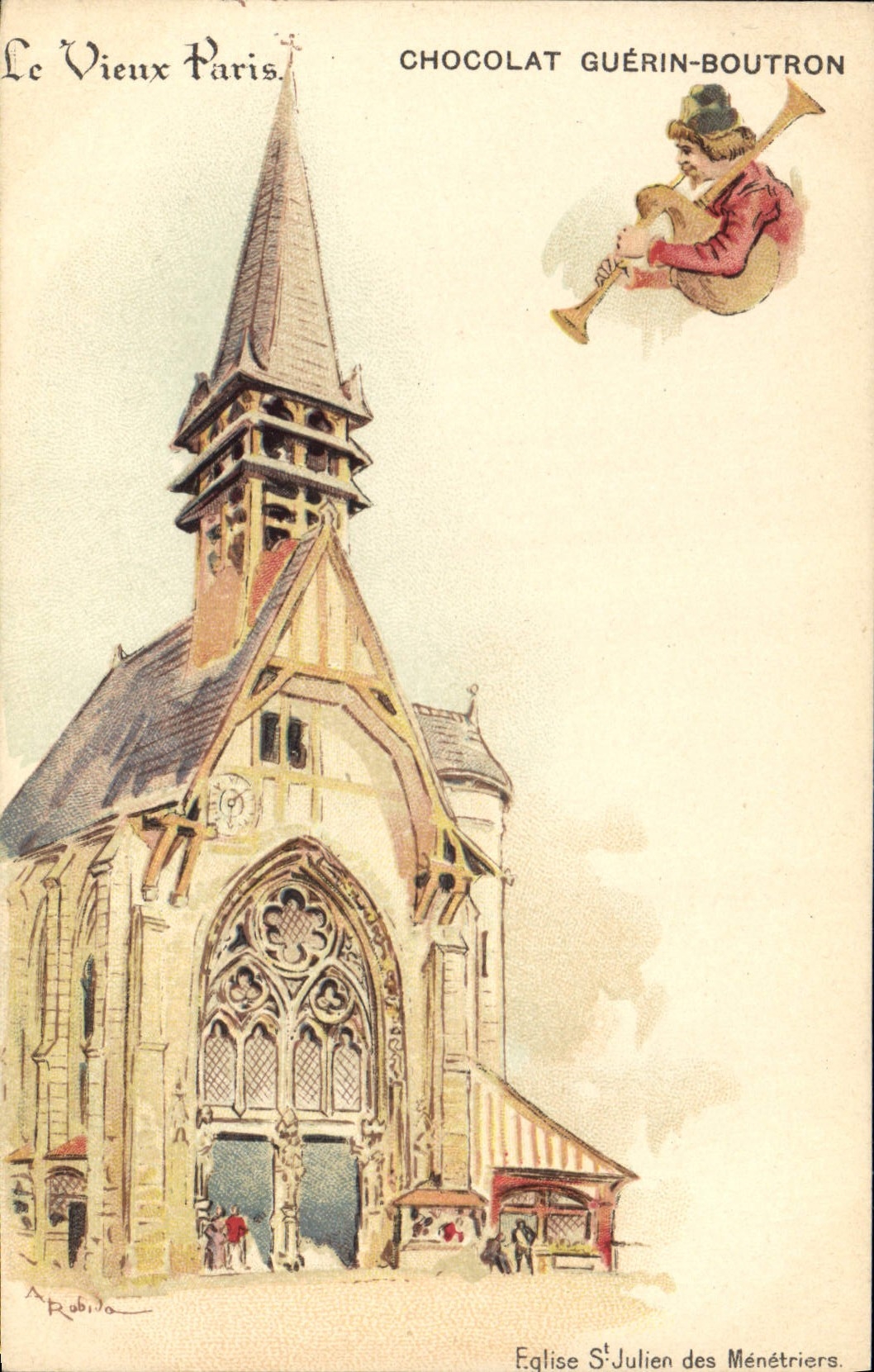 POSTAL de la VENDIMIA la calle de Guerin Boutron del chocolate de París del viejo hombre de St Julien de la iglesia de Marruecos de Menestriers
