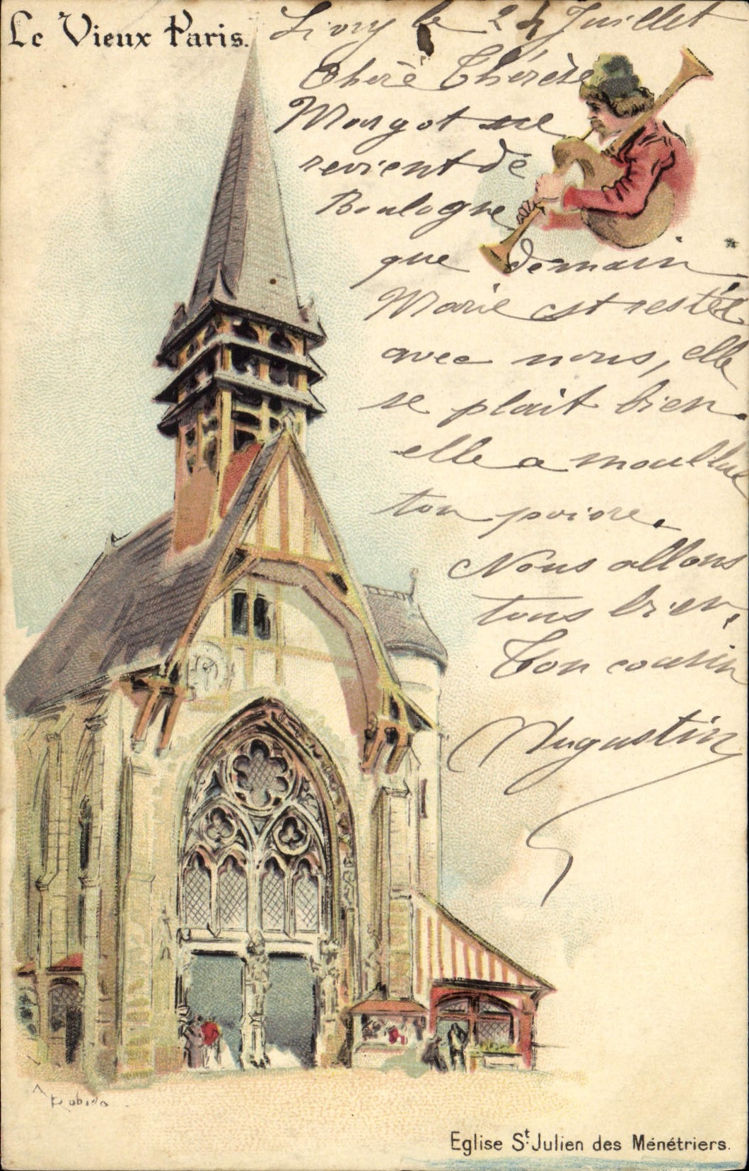 POSTAL de la VENDIMIA la calle de París del viejo hombre de St Julien de la iglesia de Marruecos de Menestriers