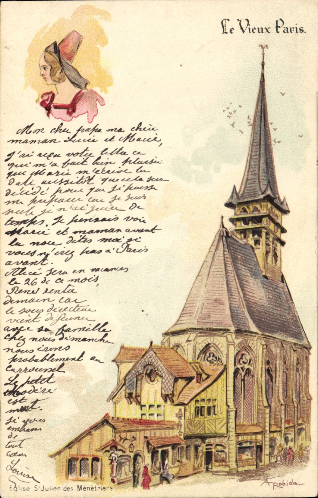 POSTAL de la VENDIMIA el St Julien de la iglesia de París del viejo hombre de Menetriers