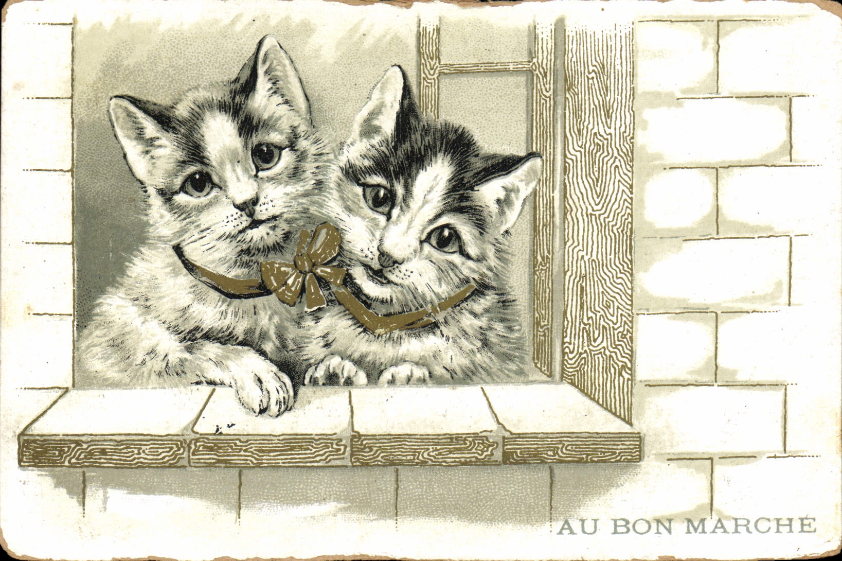 Gatos del gatito del gato de la POSTAL de la VENDIMIA con la buena casa de Boucicaut del mercado