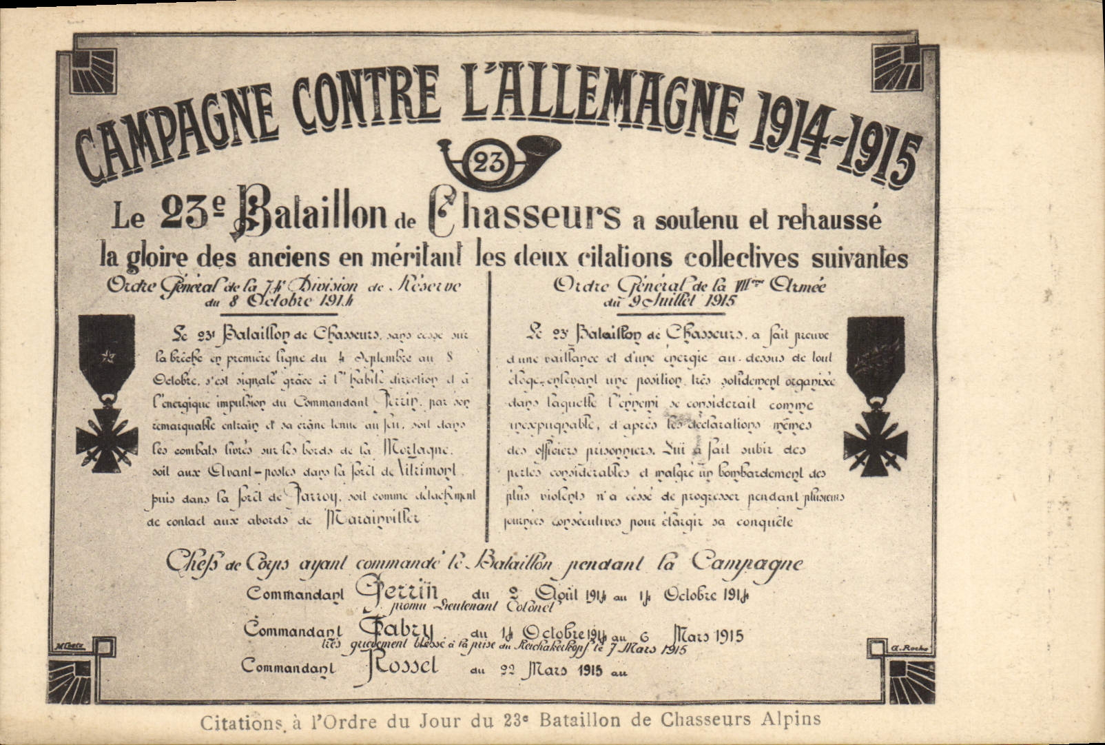 VINTAGE POSTCARD Militaria Medal Countryside against Germany Quotations 23rd battalion of the Alpine hunters