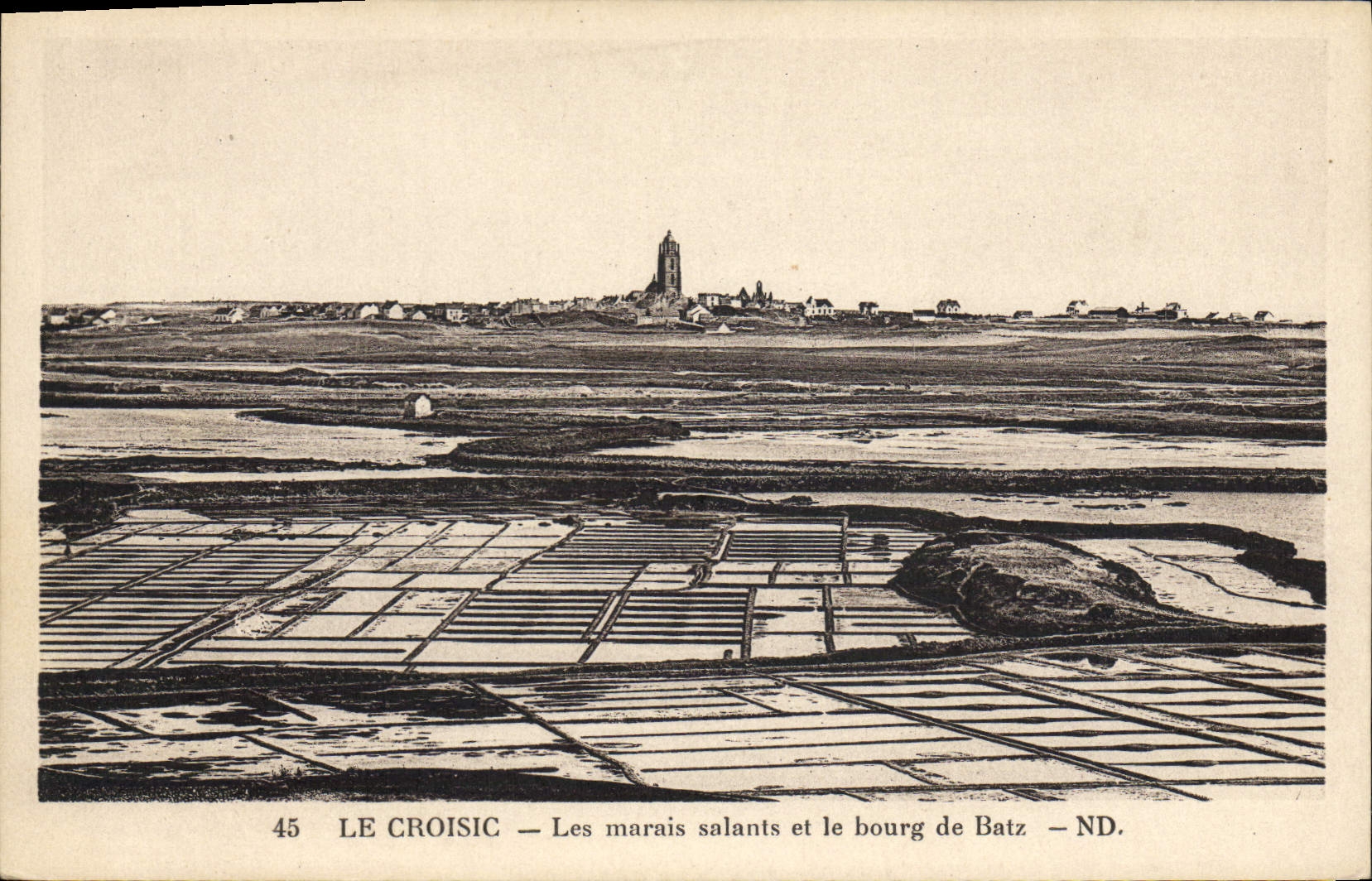 Pantanos del agua salada del folklore de la POSTAL de la VENDIMIA y la ciudad de Batz Croisic