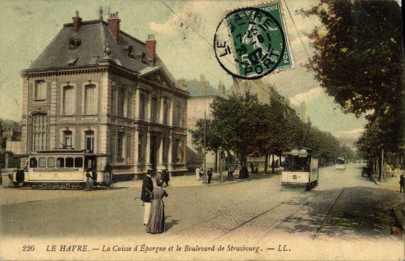 VINTAGE POSTCARD Bank Le Havre the Savings bank and the boulevard of Strasbourg Tram