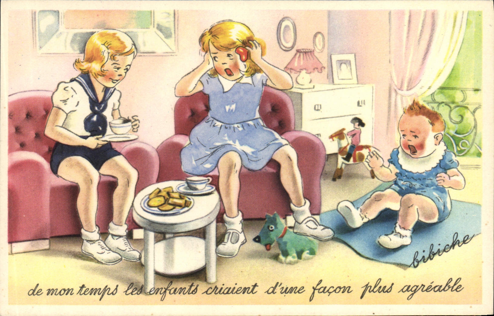 Niños de Bibiche del ilustrador de la fantasía de la POSTAL de la VENDIMIA