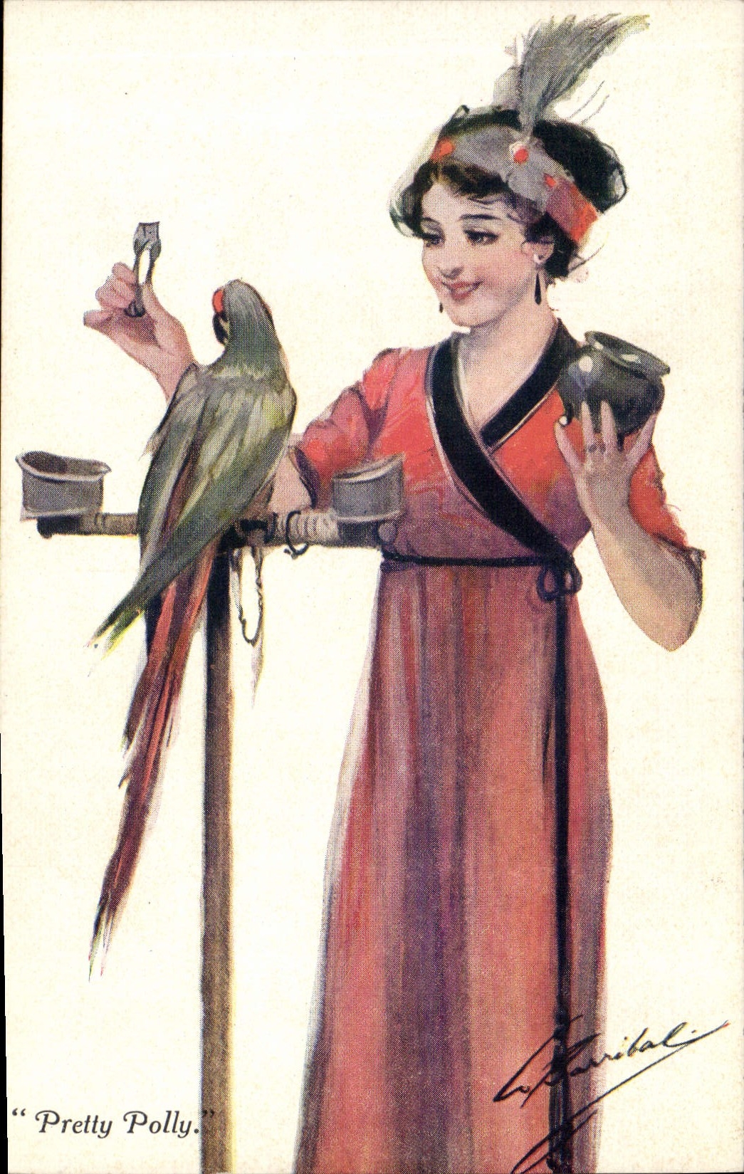 Pájaro bonito del loro de Polly de la mujer del ilustrador de la fantasía de la POSTAL de la VENDIMIA