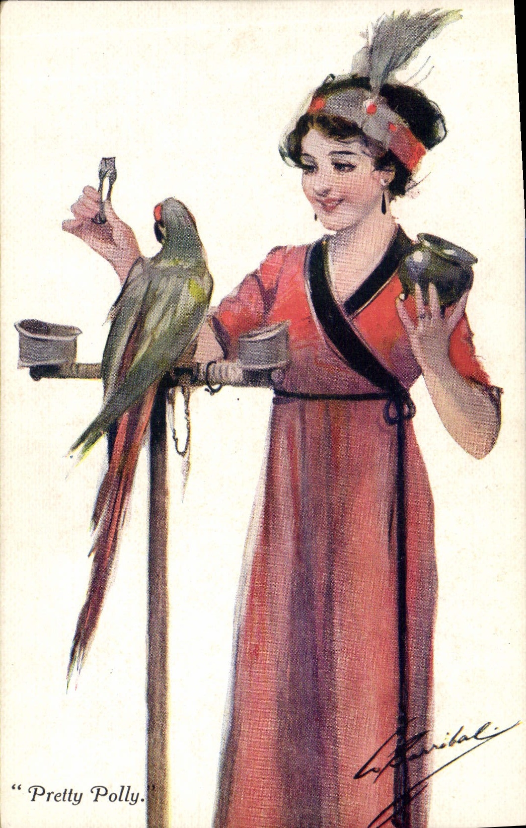 Pájaro bonito de Polly del loro de la mujer del ilustrador de la fantasía de la POSTAL de la VENDIMIA