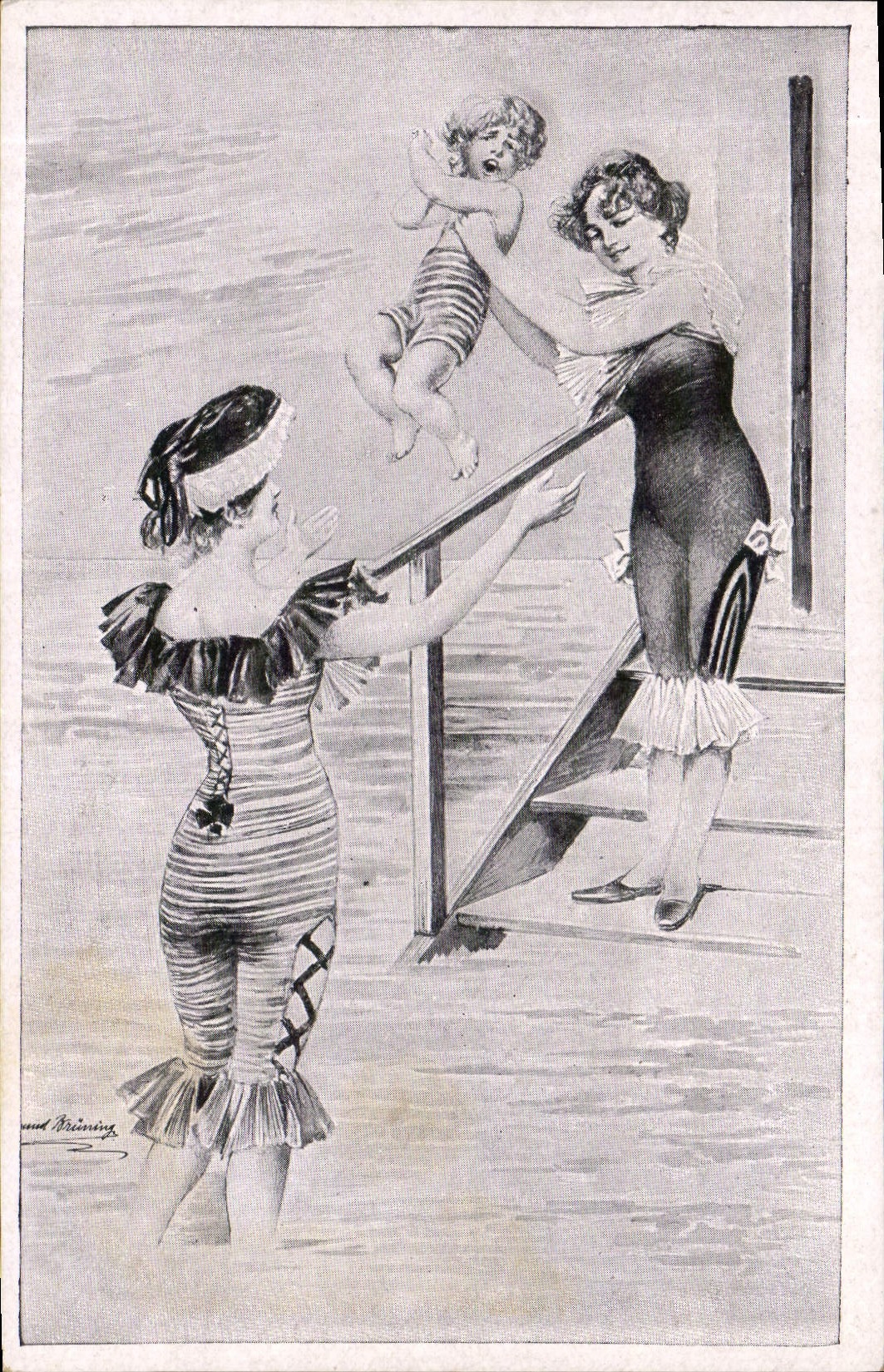 Bañador del niño de las mujeres del ilustrador de la fantasía de la POSTAL de la VENDIMIA