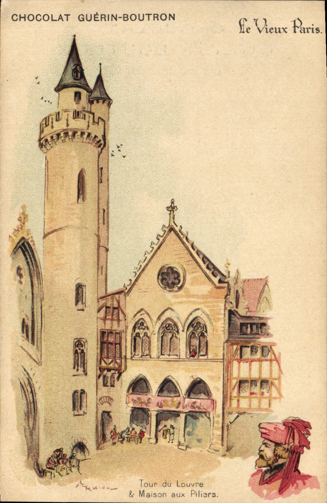 CPA Vieux Paris Chocolat Guerin Boutron Rue du Maroc Paris Tour du Louvre et maison aux piliers