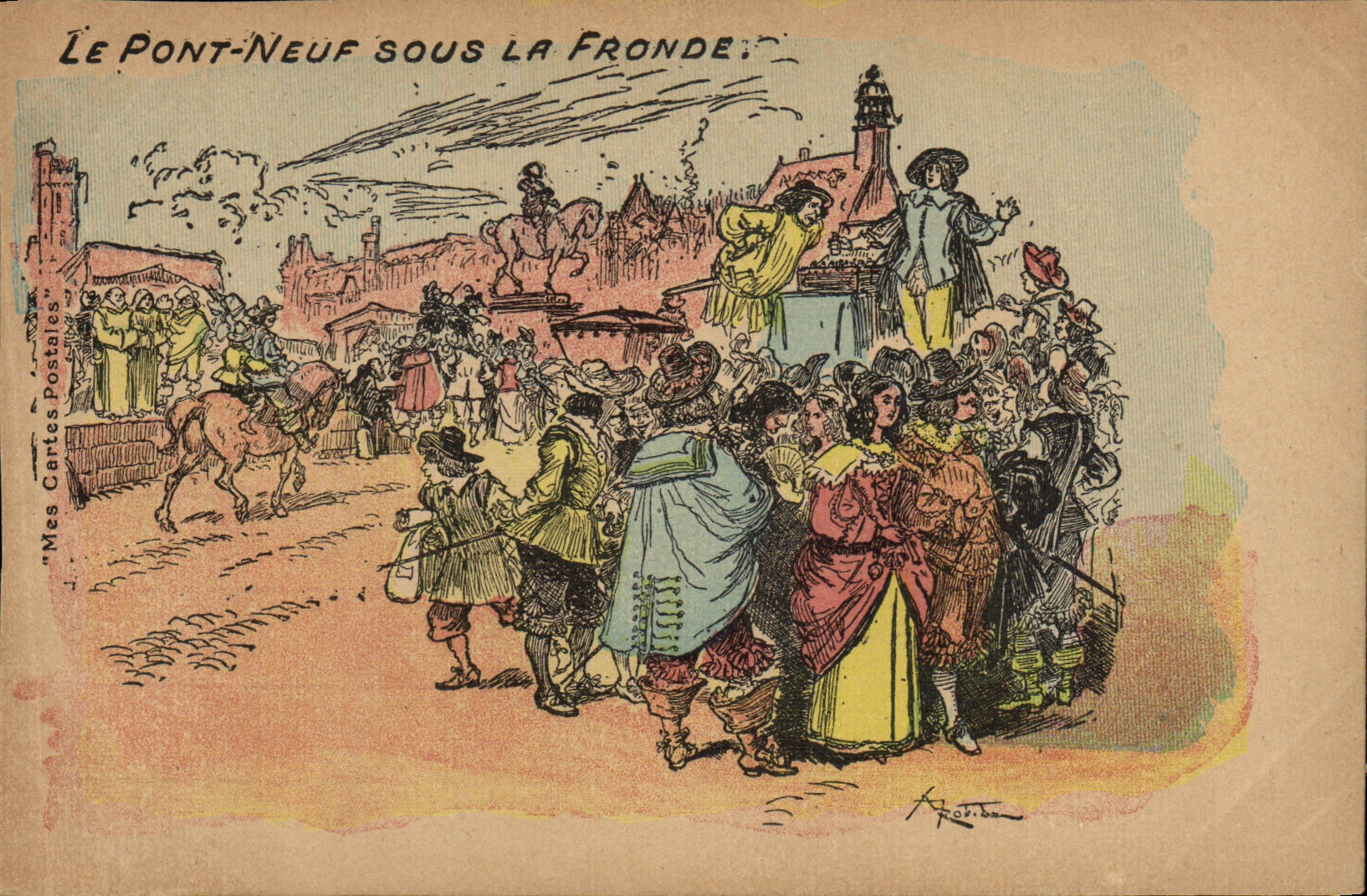 VINTAGE POSTCARD Old Paris the New Bridge pennies the sling