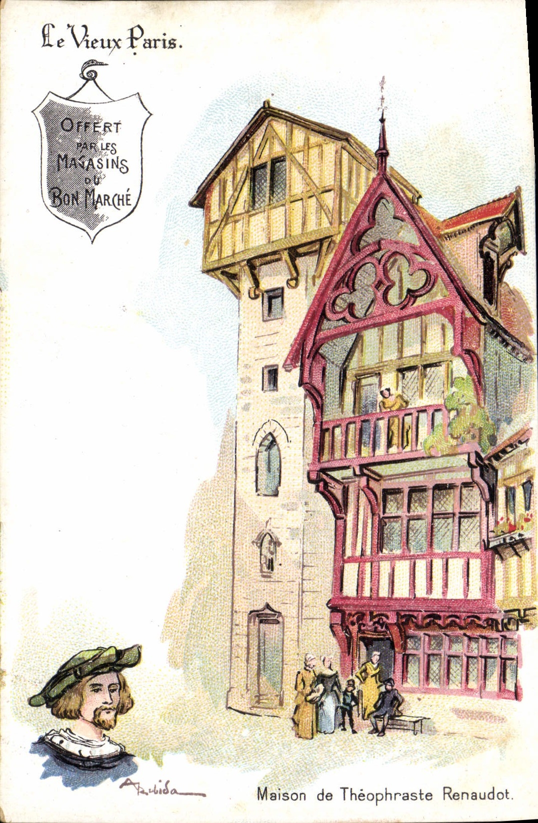 POSTAL París vieja de la VENDIMIA con la buena casa de Boucicaut de la casa del mercado de Theophraste Renaudot