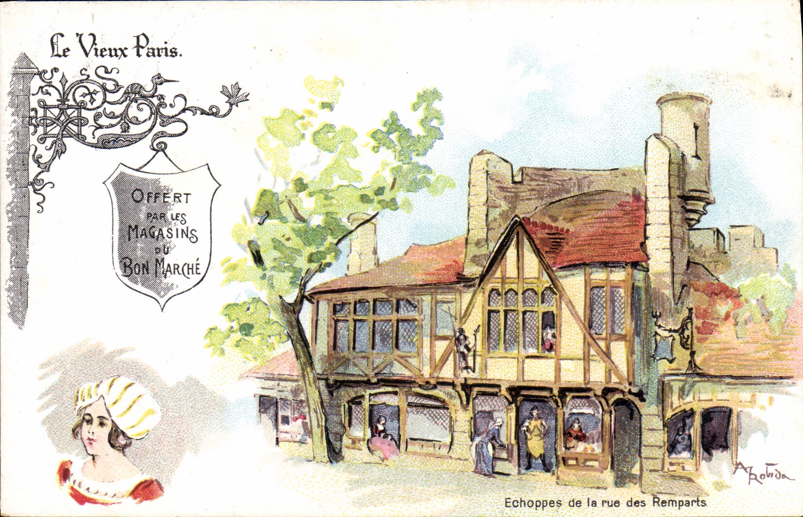 POSTAL París vieja de la VENDIMIA con los buenos buriles de Boucicaut de la casa del mercado de la calle de las paredes