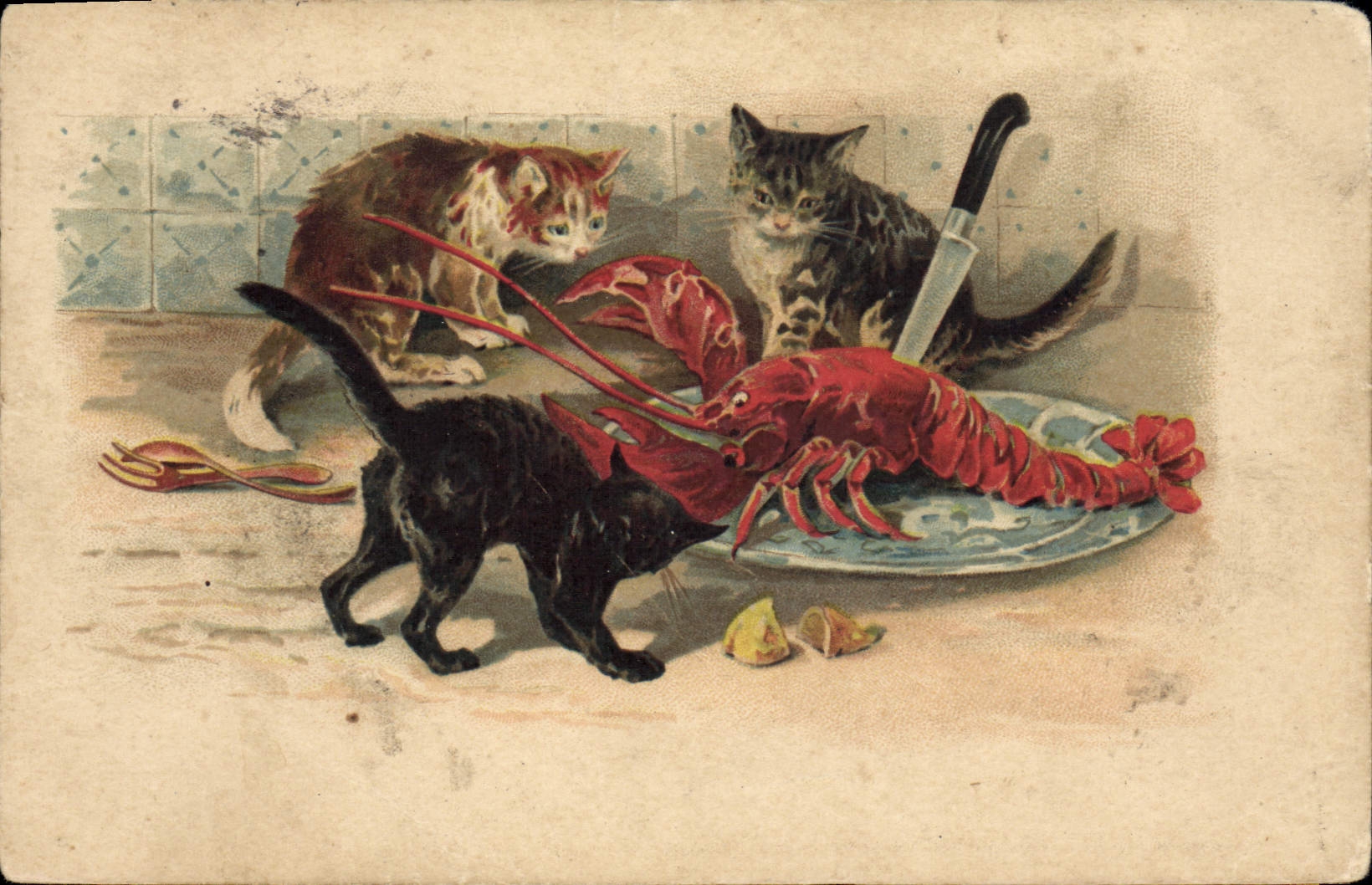 VINTAGE POSTCARD Cat Cats Kitten Lobster