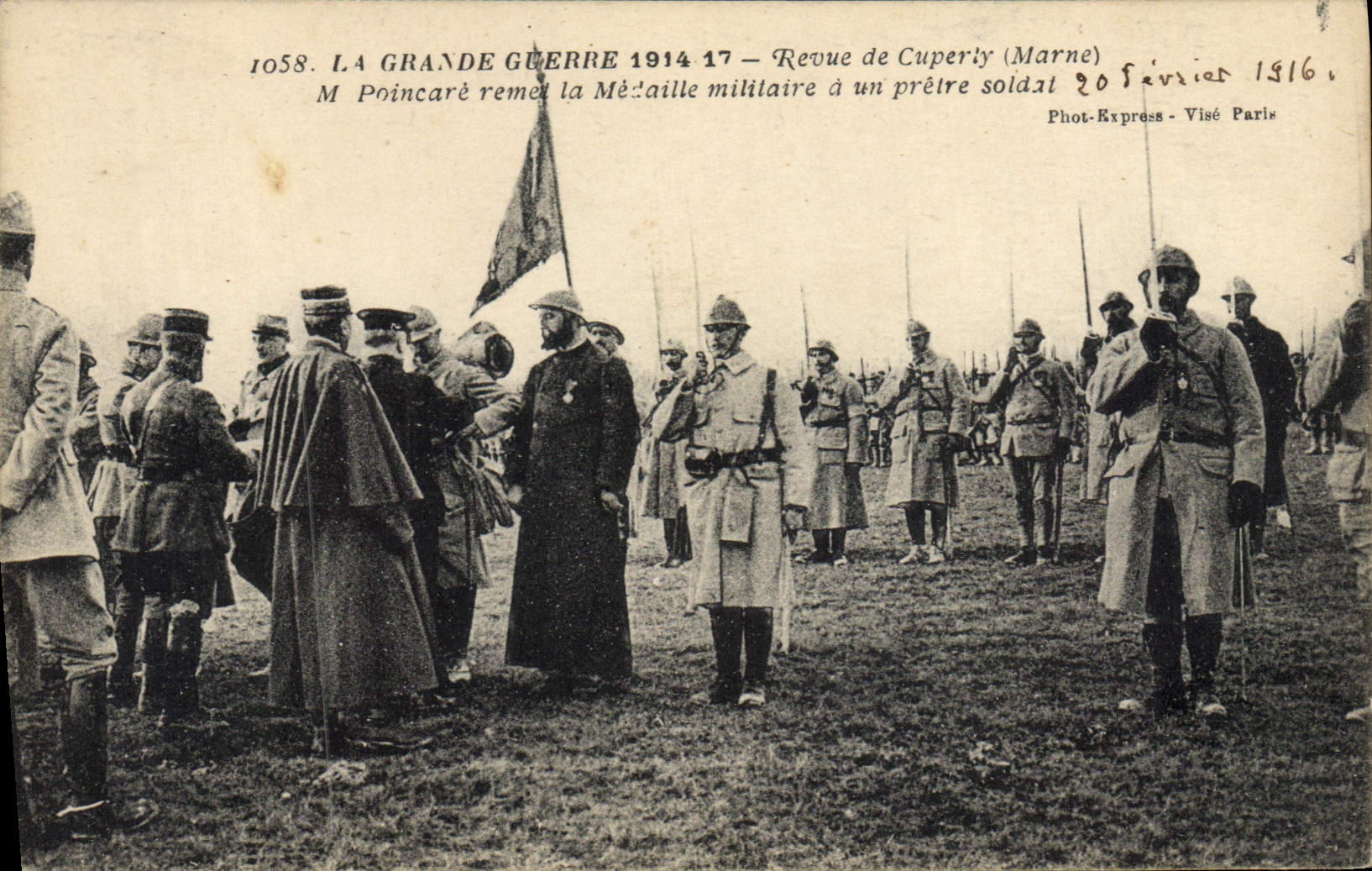 VINTAGE POSTCARD Militaria Revue of Cuperly Mr. Poincare gives the military medal has a priest soldier