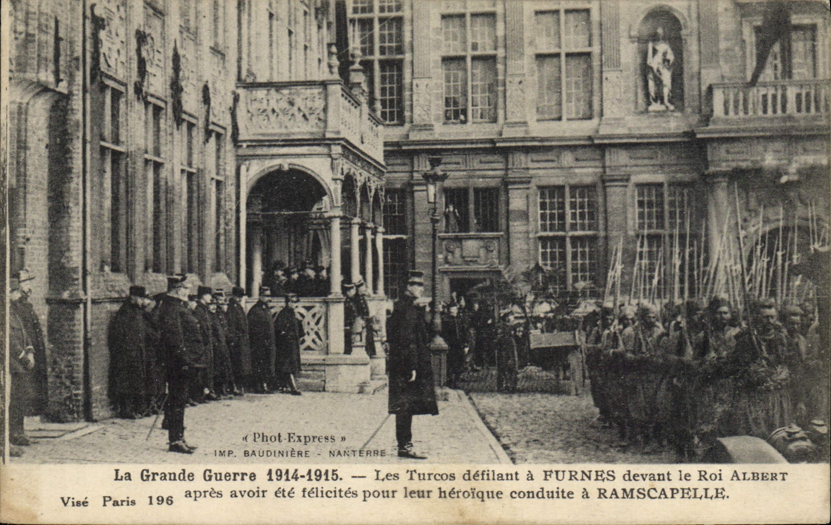 VINTAGE POSTCARD Militaria ravelling Turcos has Furnes in front of king Albert Ramscapelle