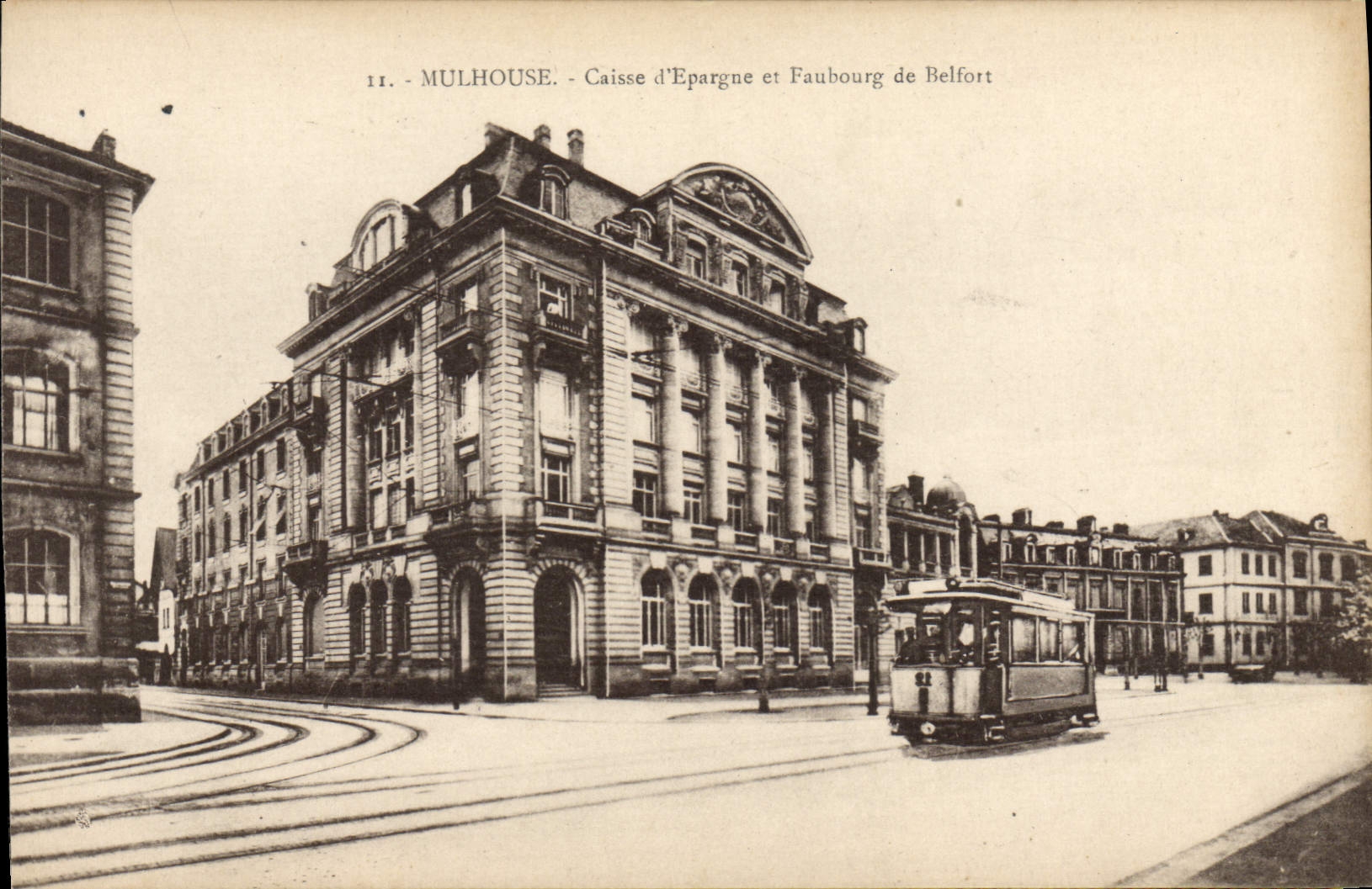 VINTAGE POSTCARD Bank Mulhouse Savings bank and Suburb of Belfort Tram