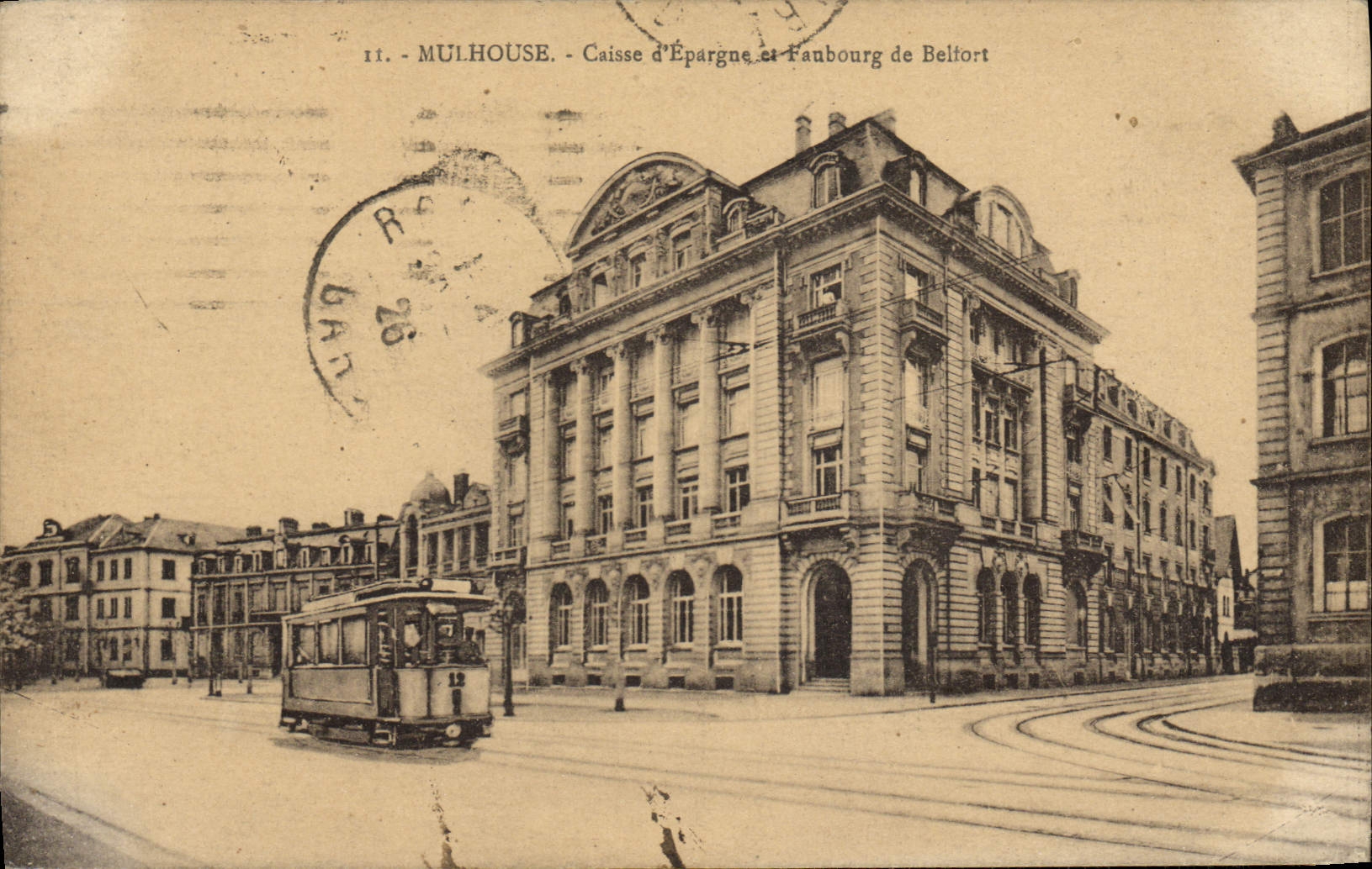 CPA Banque Mulhouse Caisse d'Epargne et Faubourg de Belfort Tramway