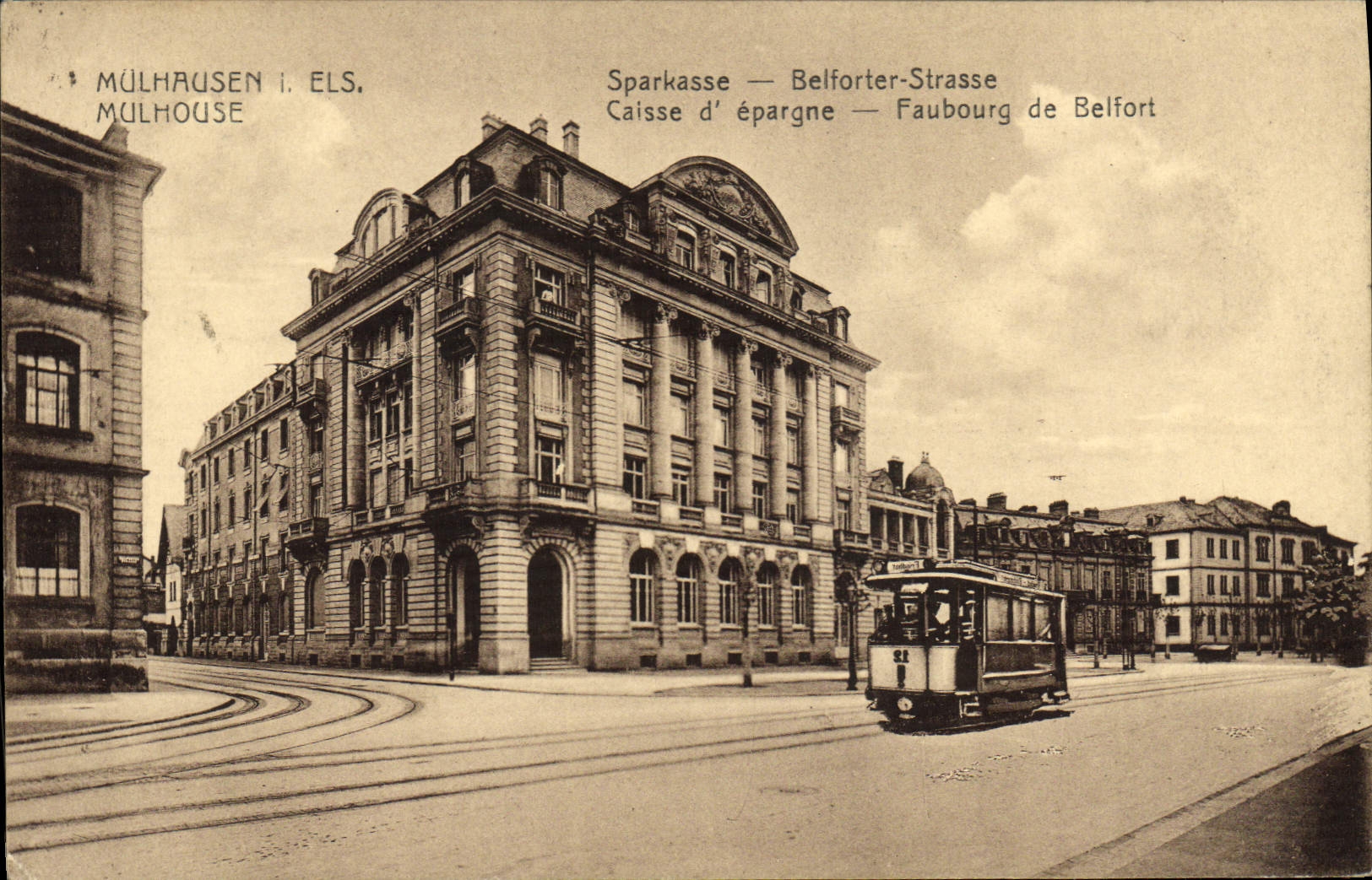 VINTAGE POSTCARD Bank Mulhouse Savings bank Suburb of Belfort Tram