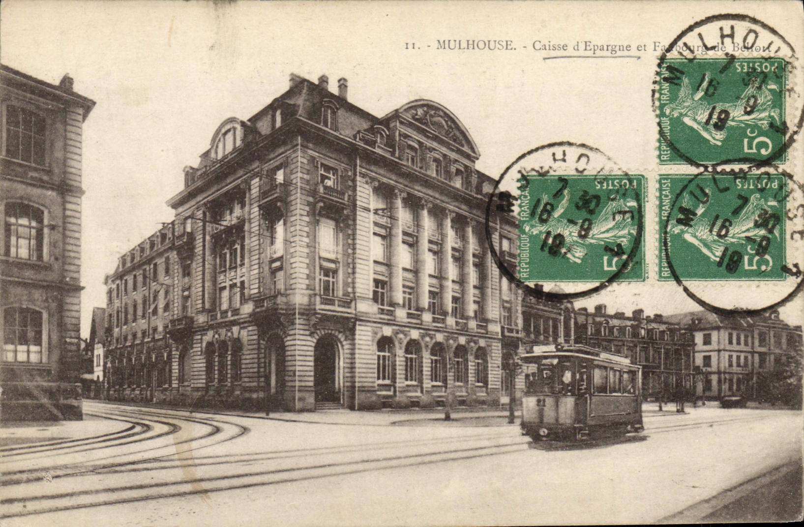 VINTAGE POSTCARD Bank Mulhouse Savings bank Tram