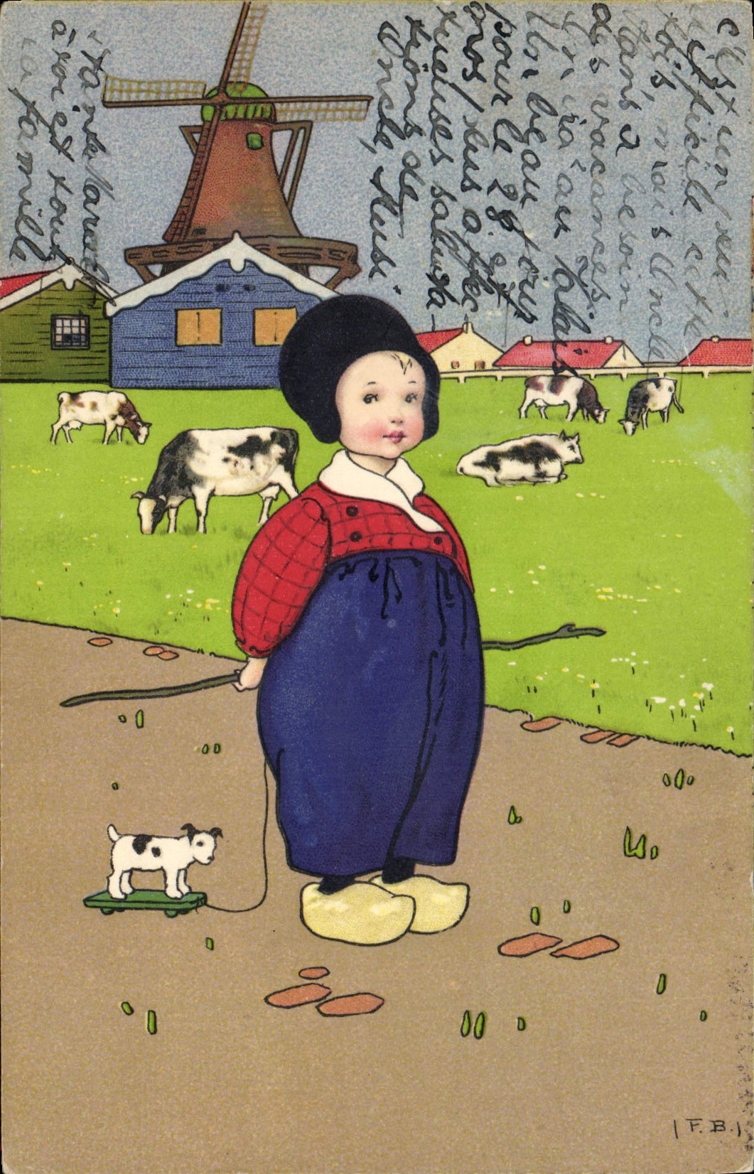 VINTAGE POSTCARD Fantasy Illustrator Child Windmill