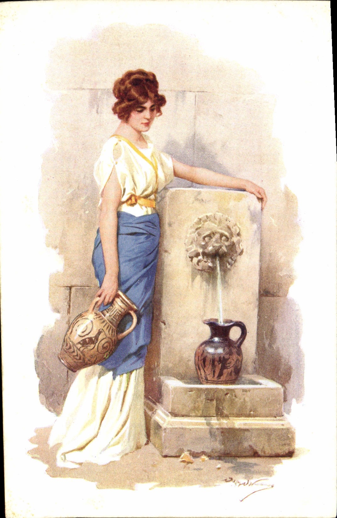 VINTAGE POSTCARD Fantasy Illustrator Woman with the Beltrane fountain