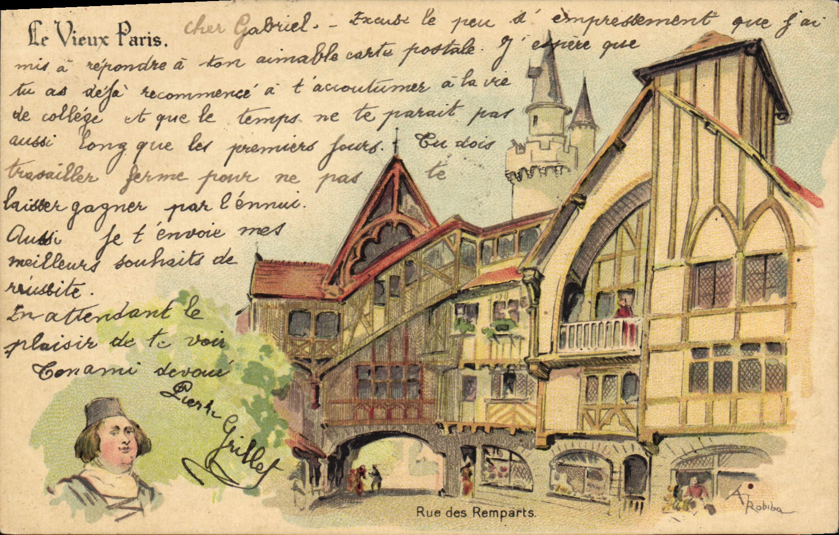 VINTAGE POSTCARD Fantasy Illustrator the Old man Paris Street of the remaprts