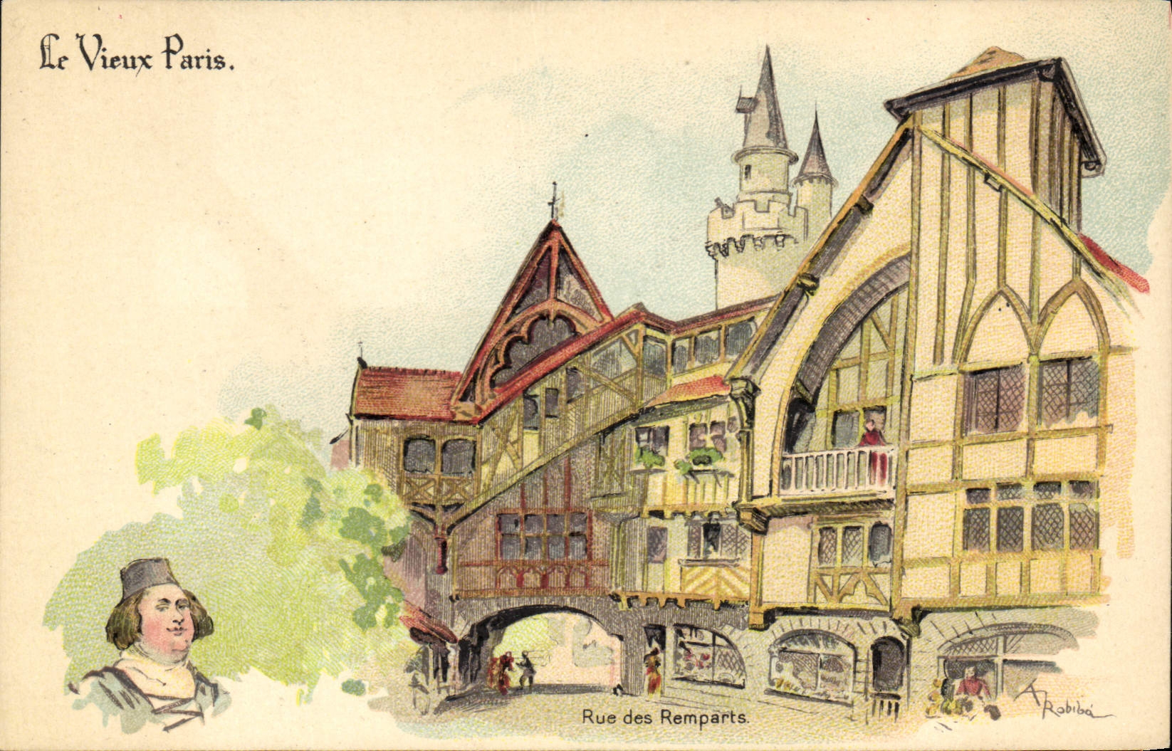 VINTAGE POSTCARD Fantasy Illustrator the Old man Paris Street of the walls