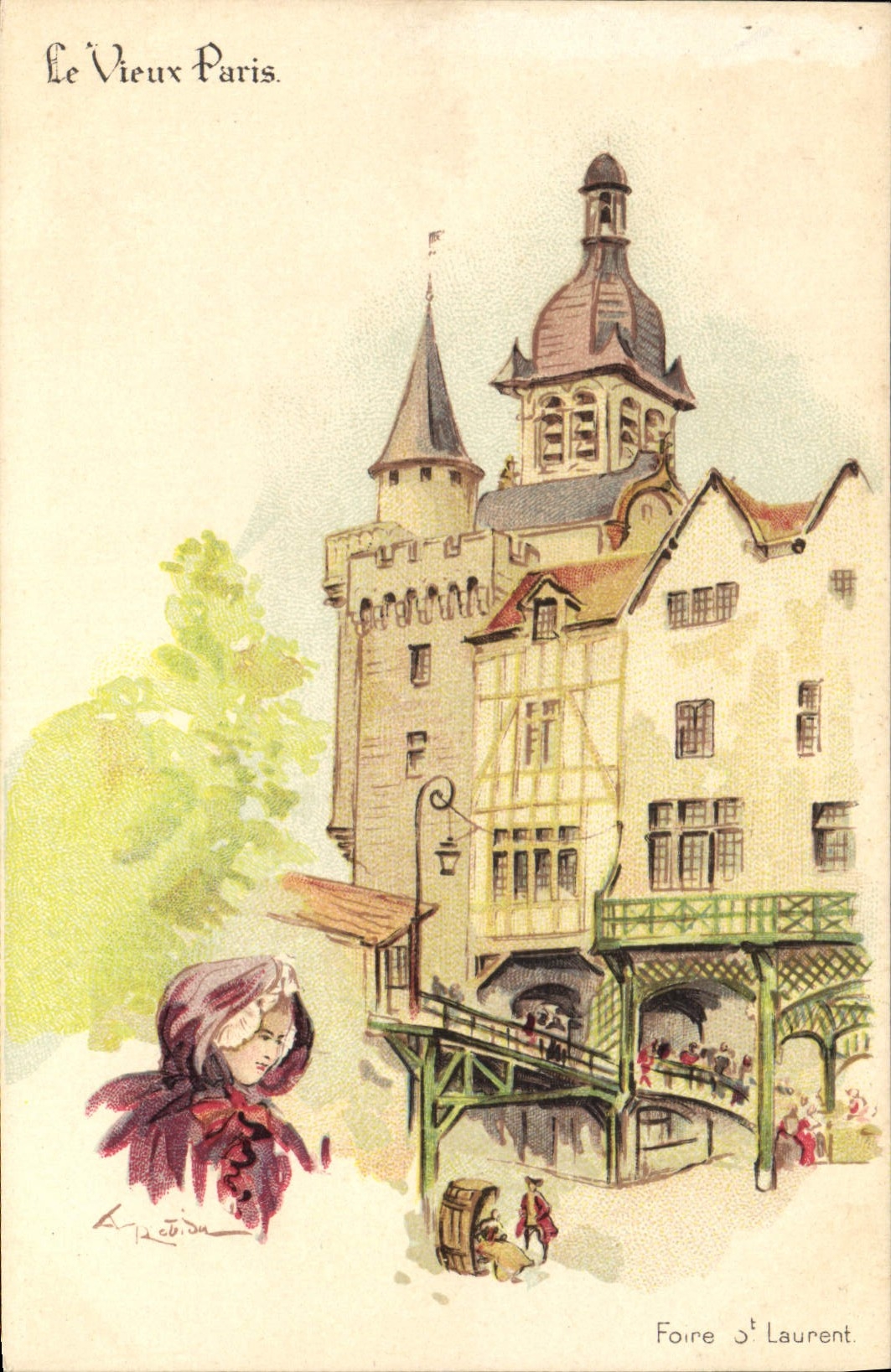 VINTAGE POSTCARD Fantasy Illustrator the Old man Paris St Laurent Fair