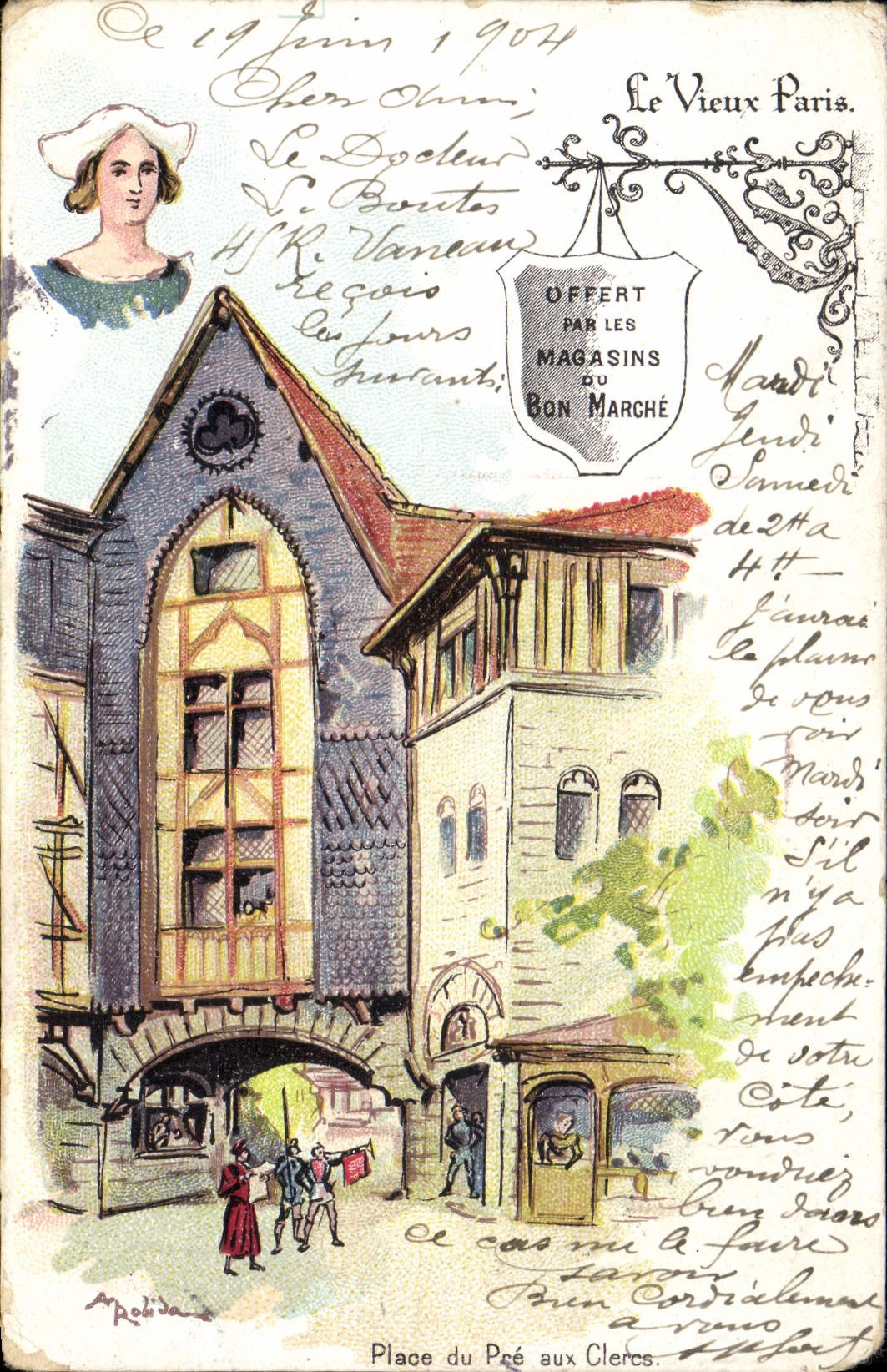 VINTAGE POSTCARD Fantaisie Illustrator the Paris Old man Places the Pre one At the Clerks