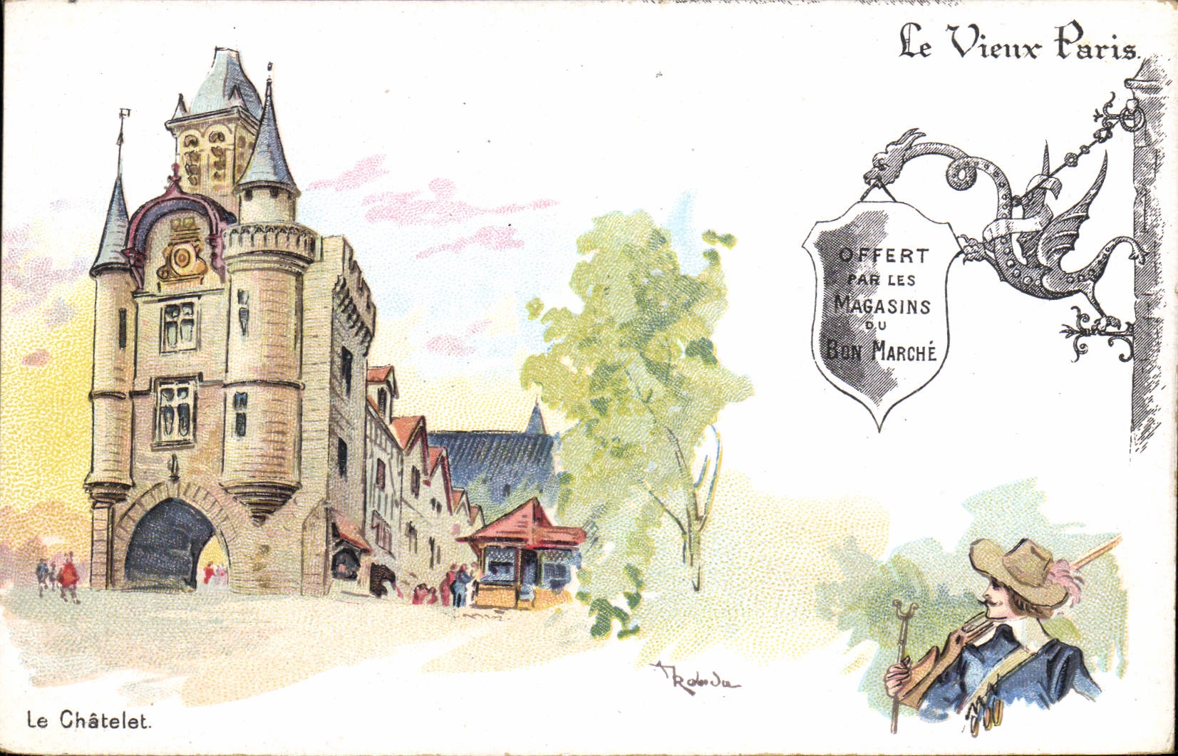 VINTAGE POSTCARD Fantasy Illustrator the Paris Old man Chatelet