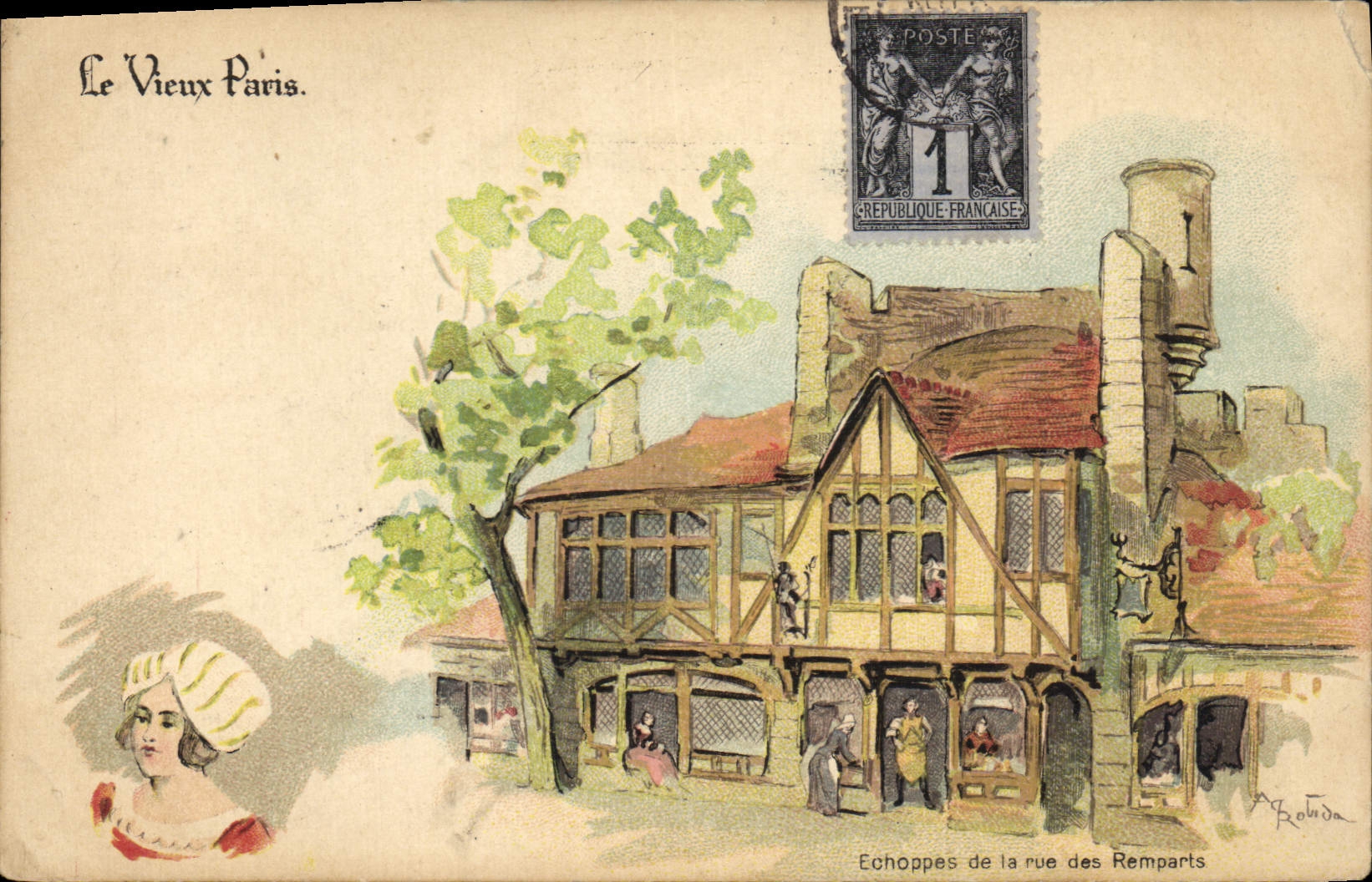 VINTAGE POSTCARD Fantasy Illustrator the Old man Paris Gravers of the street of the walls