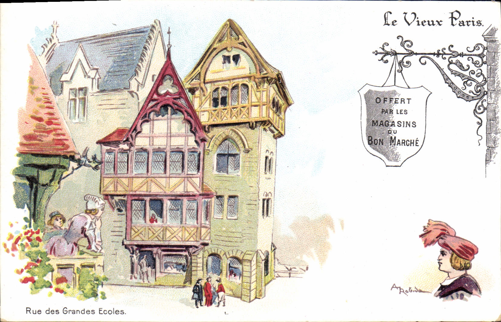 VINTAGE POSTCARD Fantasy Illustrator the Old man Paris Street of the Universities