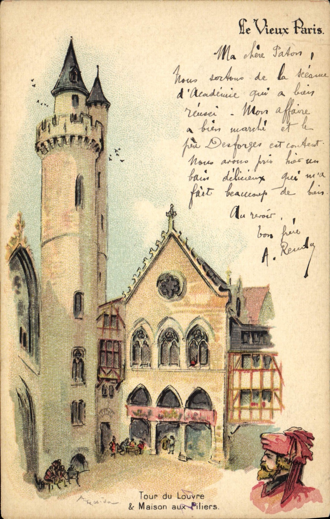 VINTAGE POSTCARD Fantasy Illustrator the Old man Paris Turn of the Louvre And Maison to the Pillars