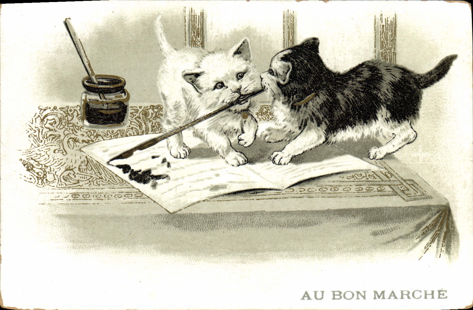 Gatito de los gatos del gato de la POSTAL de la VENDIMIA con el buen mercado Boucicaut París