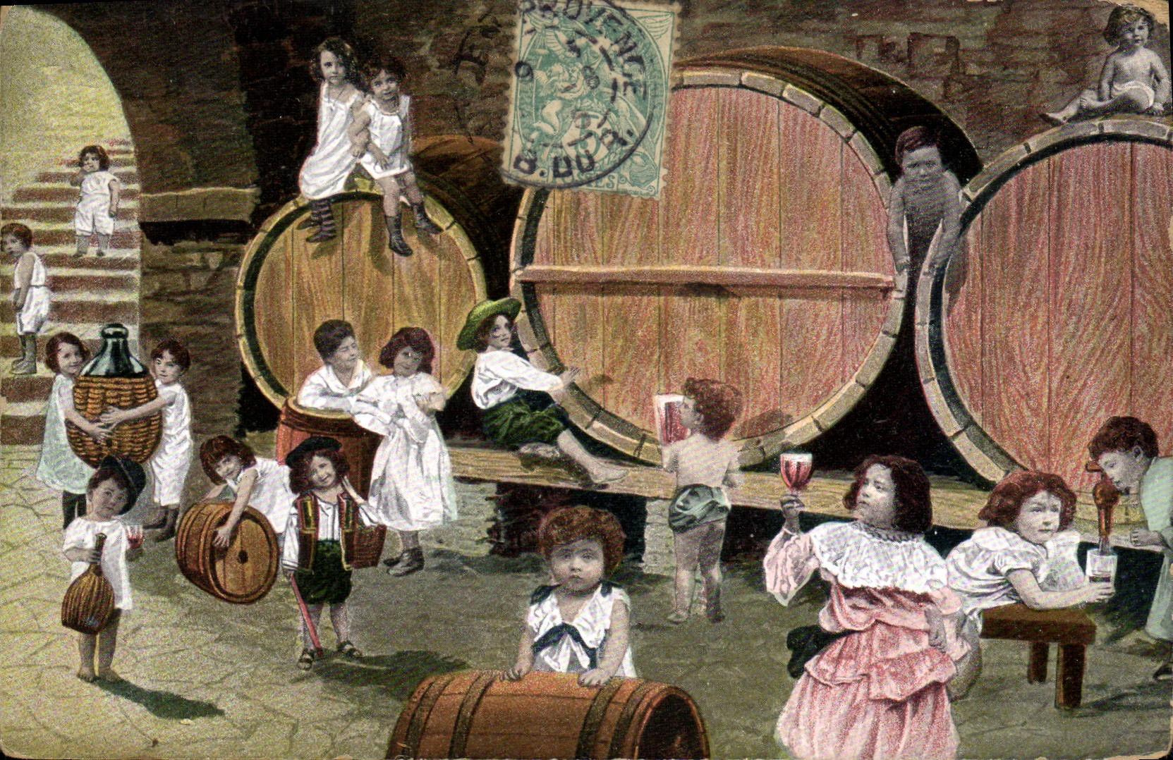 VINTAGE POSTCARD Fantasy Children Baby Barrel