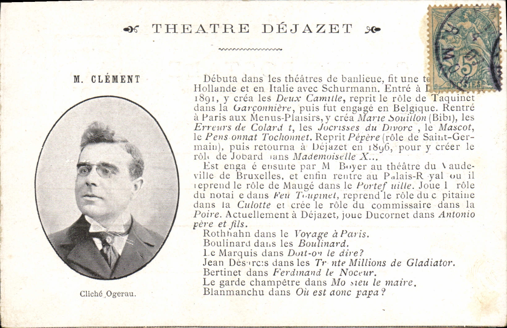 VINTAGE POSTCARD Theater Dejazet Mr. Clement