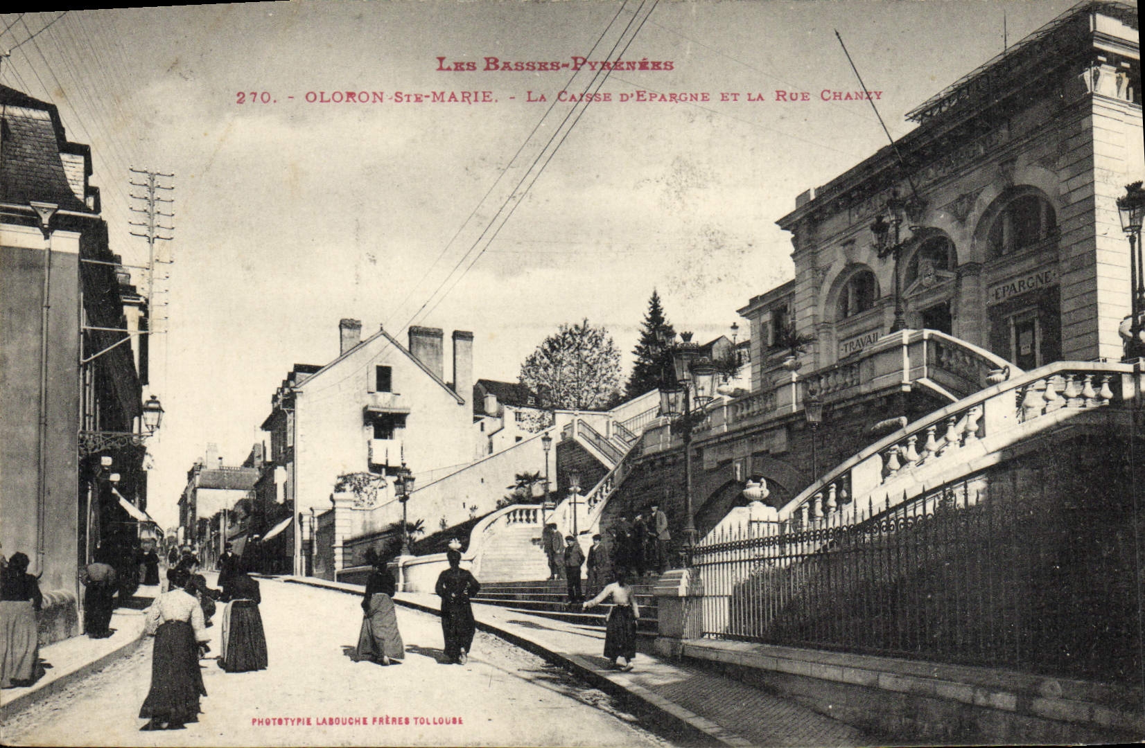 VINTAGE POSTCARD Bank Oloron Sainte Marie the Savings bank and the street Chanzy