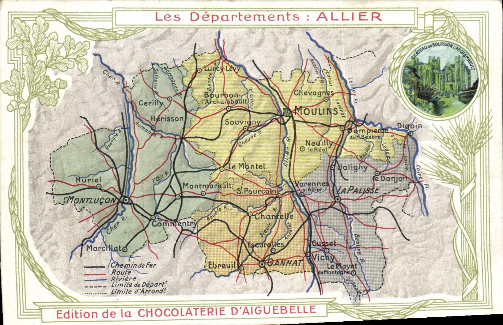 VINTAGE POSTCARD Geographical maps Allier Chocolate factory of Aiguebelle