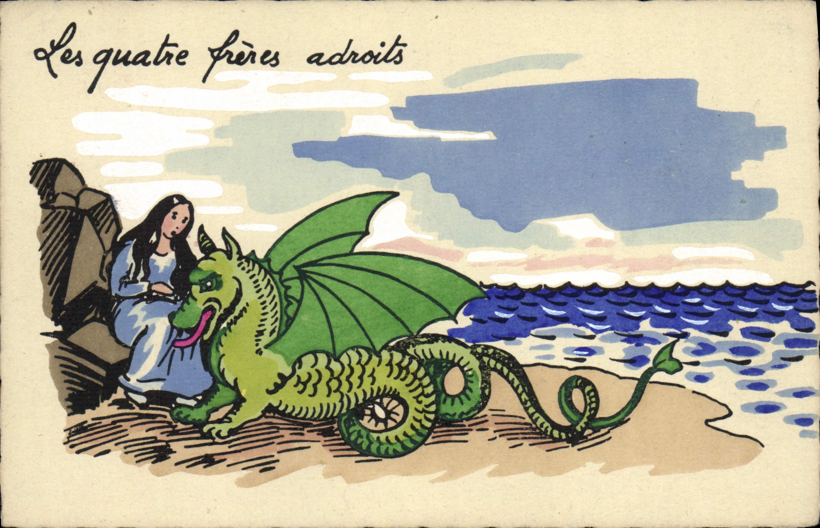 VINTAGE POSTCARD Fantasy Illustrator four brothers skilful Dragon