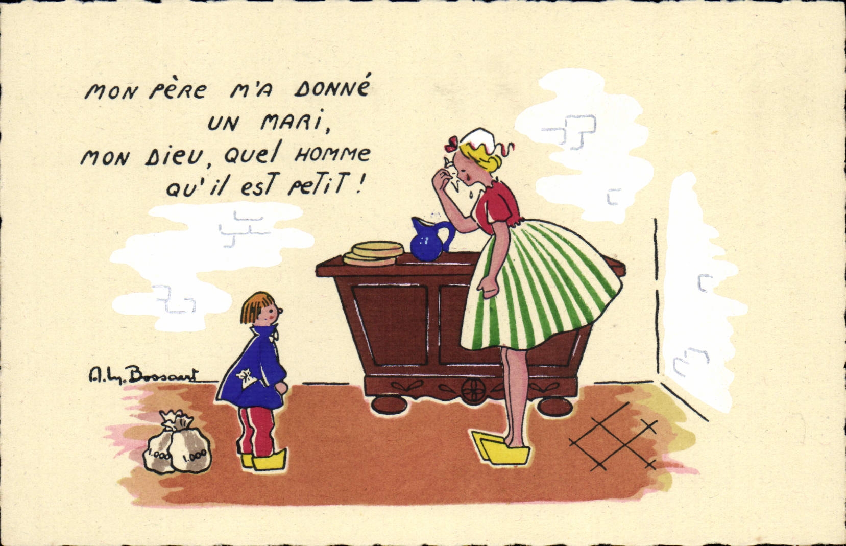 VINTAGE POSTCARD Fantaisie Illustrator Bossaert My father has gives a husband to me