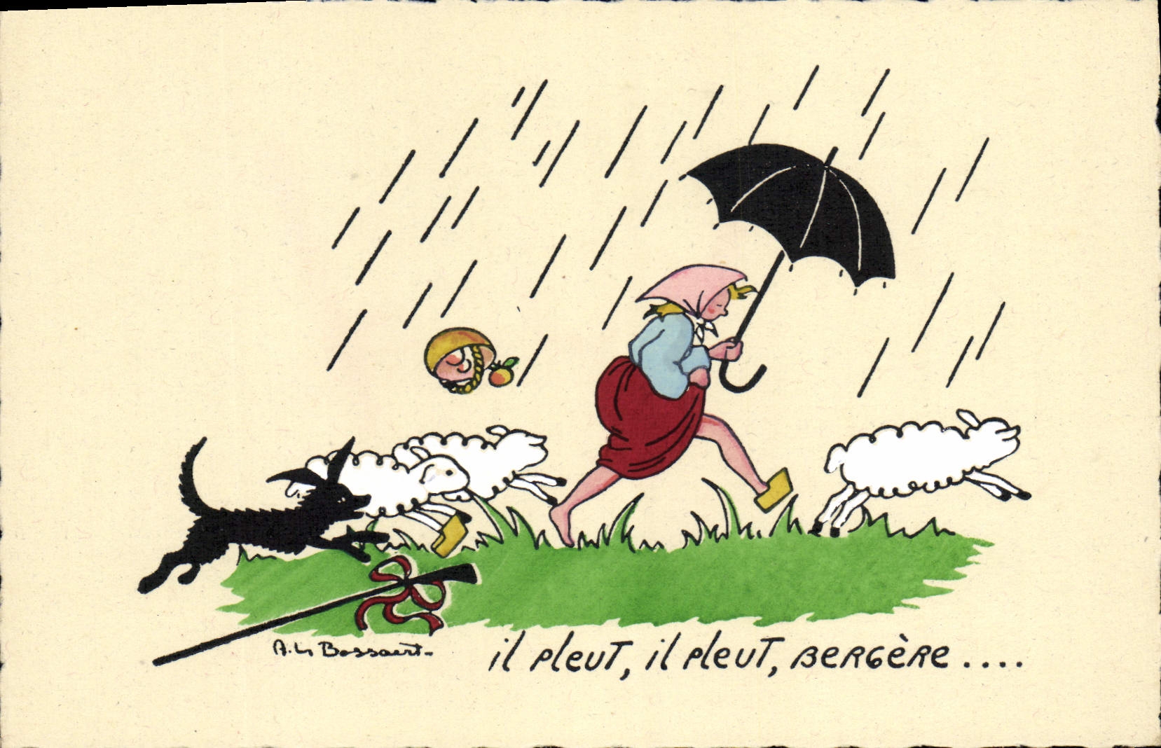 VINTAGE POSTCARD Fantaisie Illustrator Bossaert It rains Bergere Sheep Dog