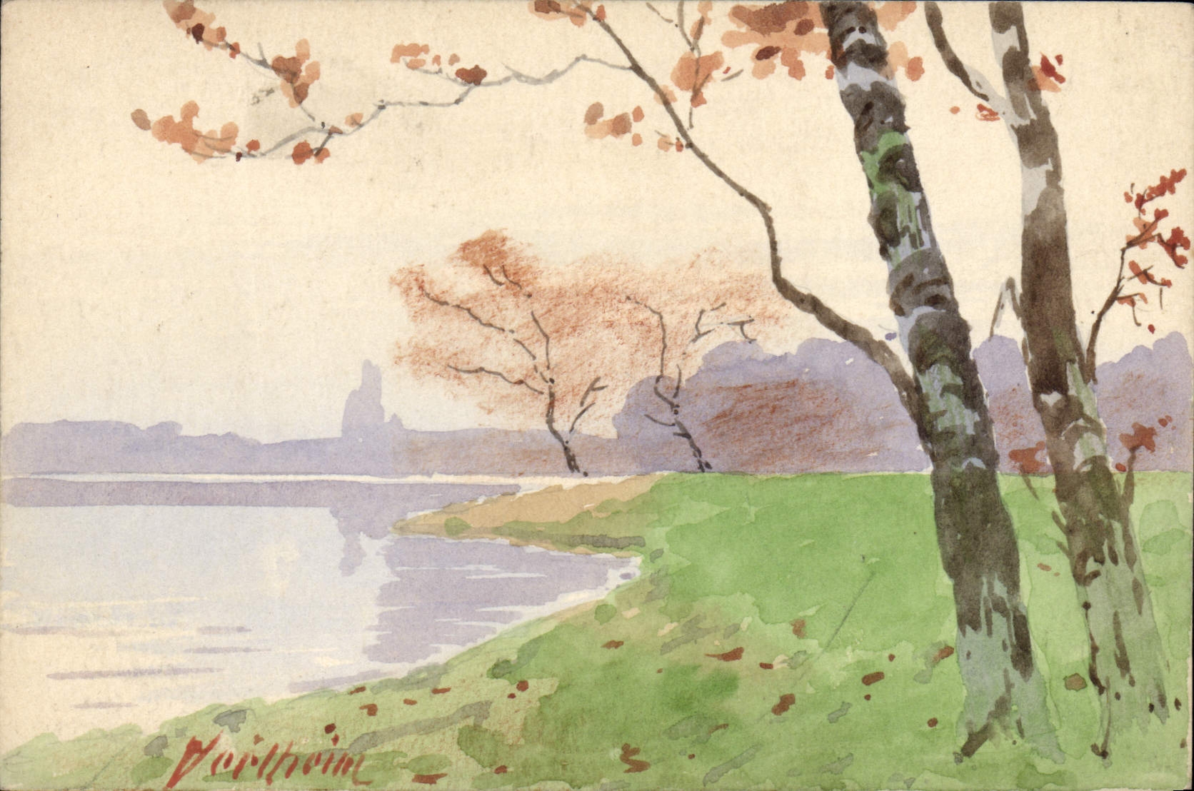 VINTAGE POSTCARD Fantasy Illustrator (drawing with the hand) Landscape Trees