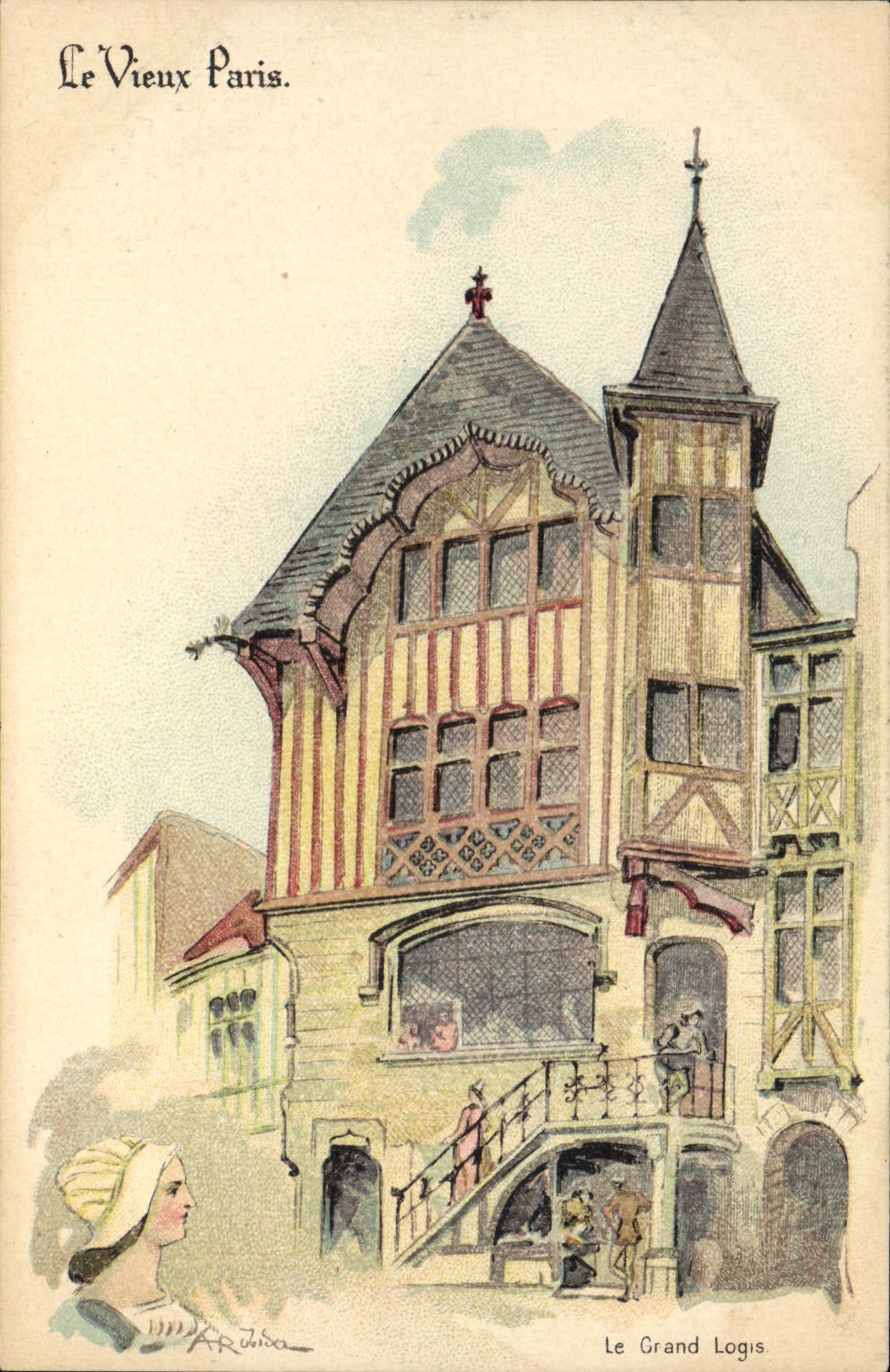 VINTAGE POSTCARD Fantasy Illustrator the Paris Old man the large home