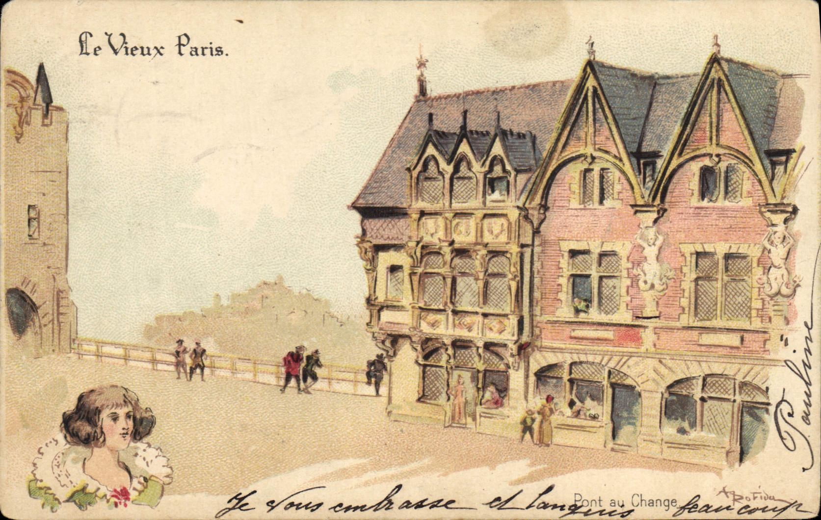 VINTAGE POSTCARD Fantasy Illustrator the Old man Paris Bridge with the exchange